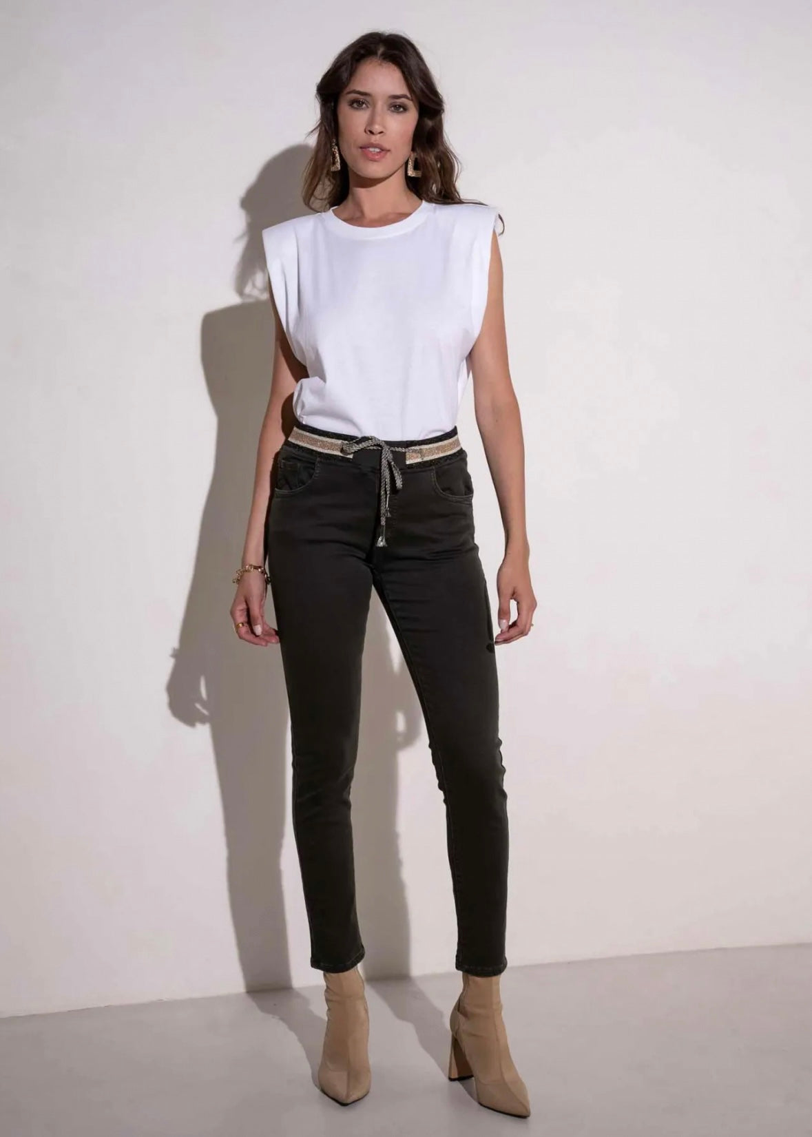 Mid-Rise Cotton Jogger Jeans in Khaki with Gold Waist Band