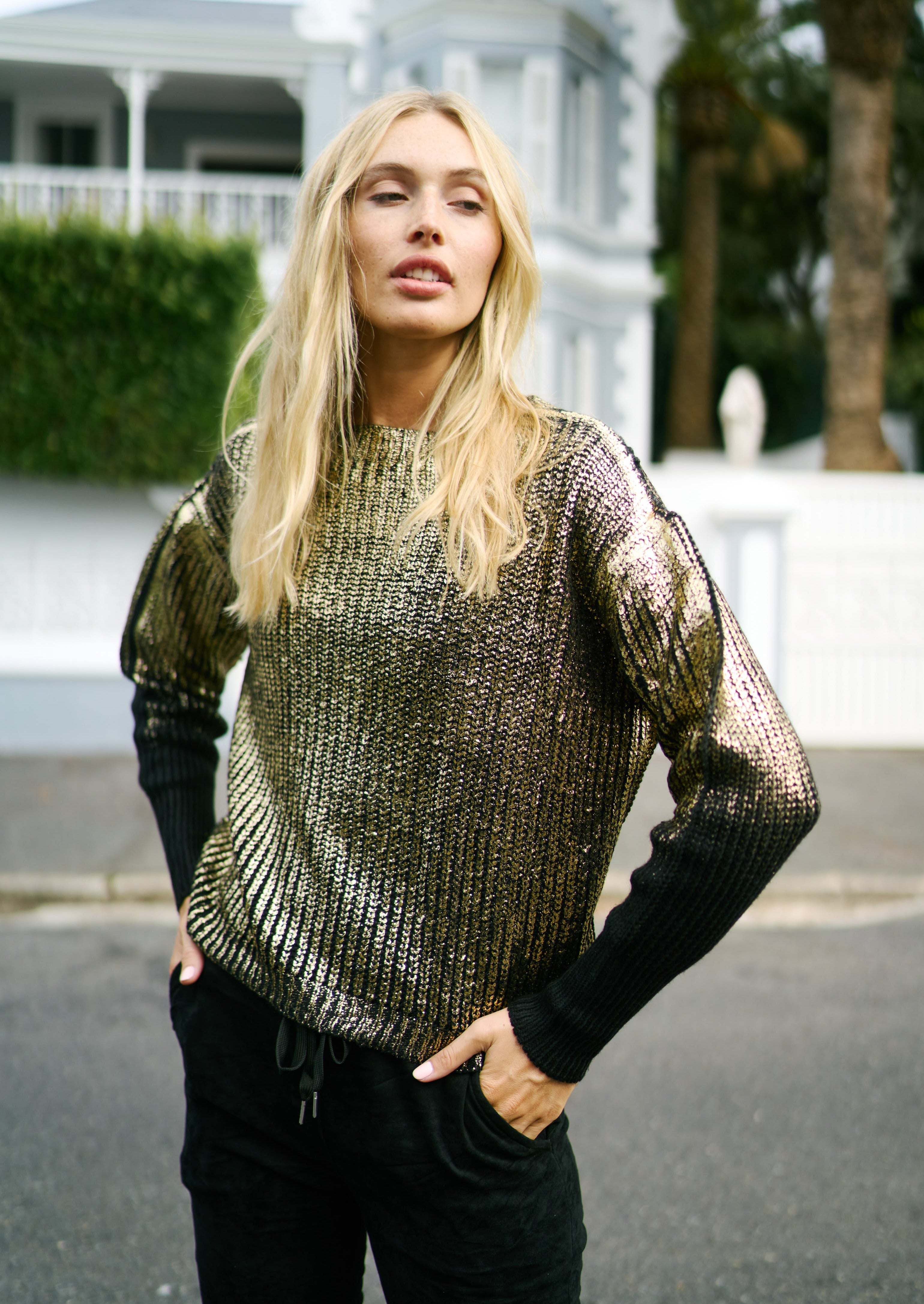 Italian Boat Neck Knit with Gold Foil in Black