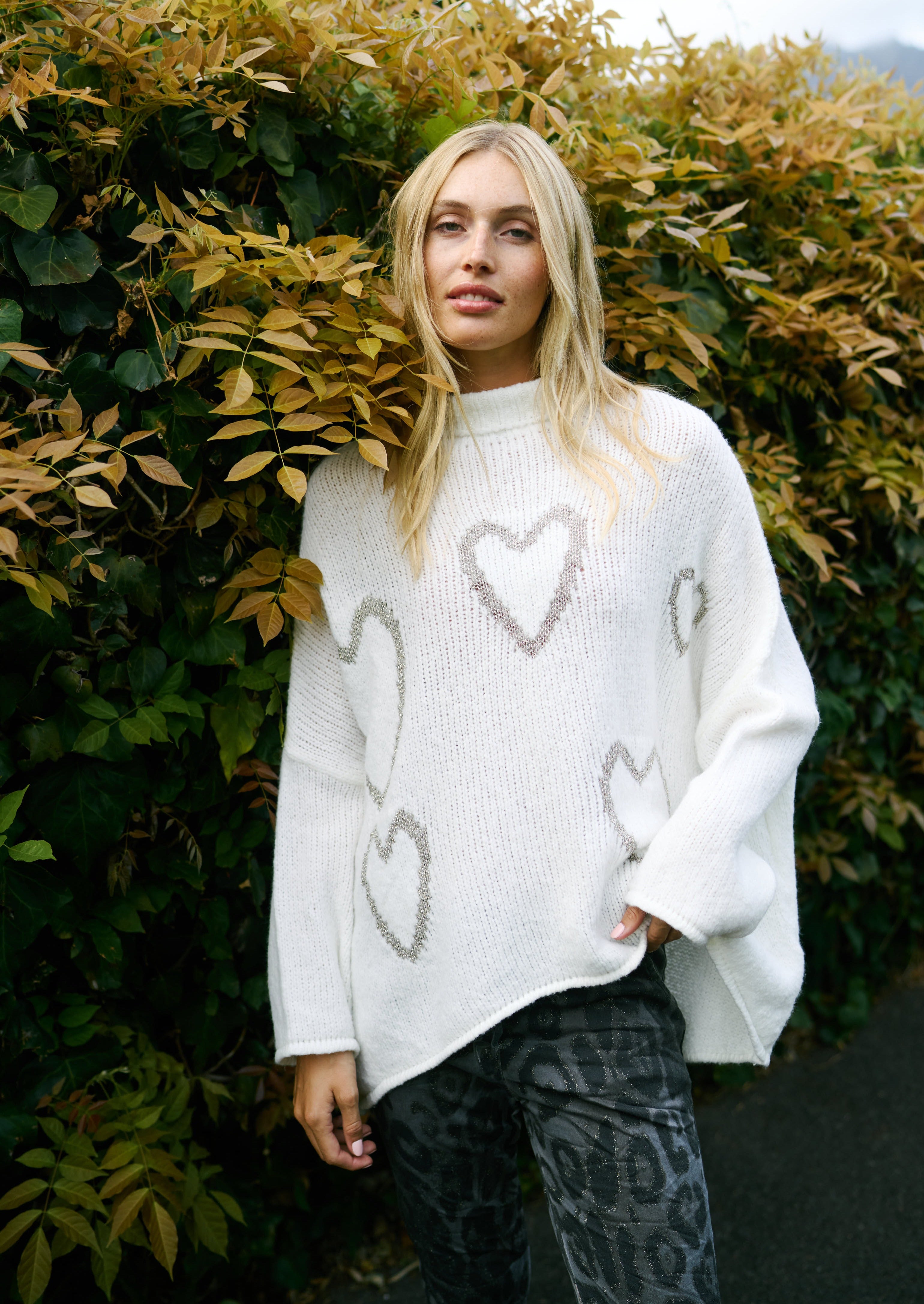 Italian Polo Neck Knitted Jumper with Hearts In White