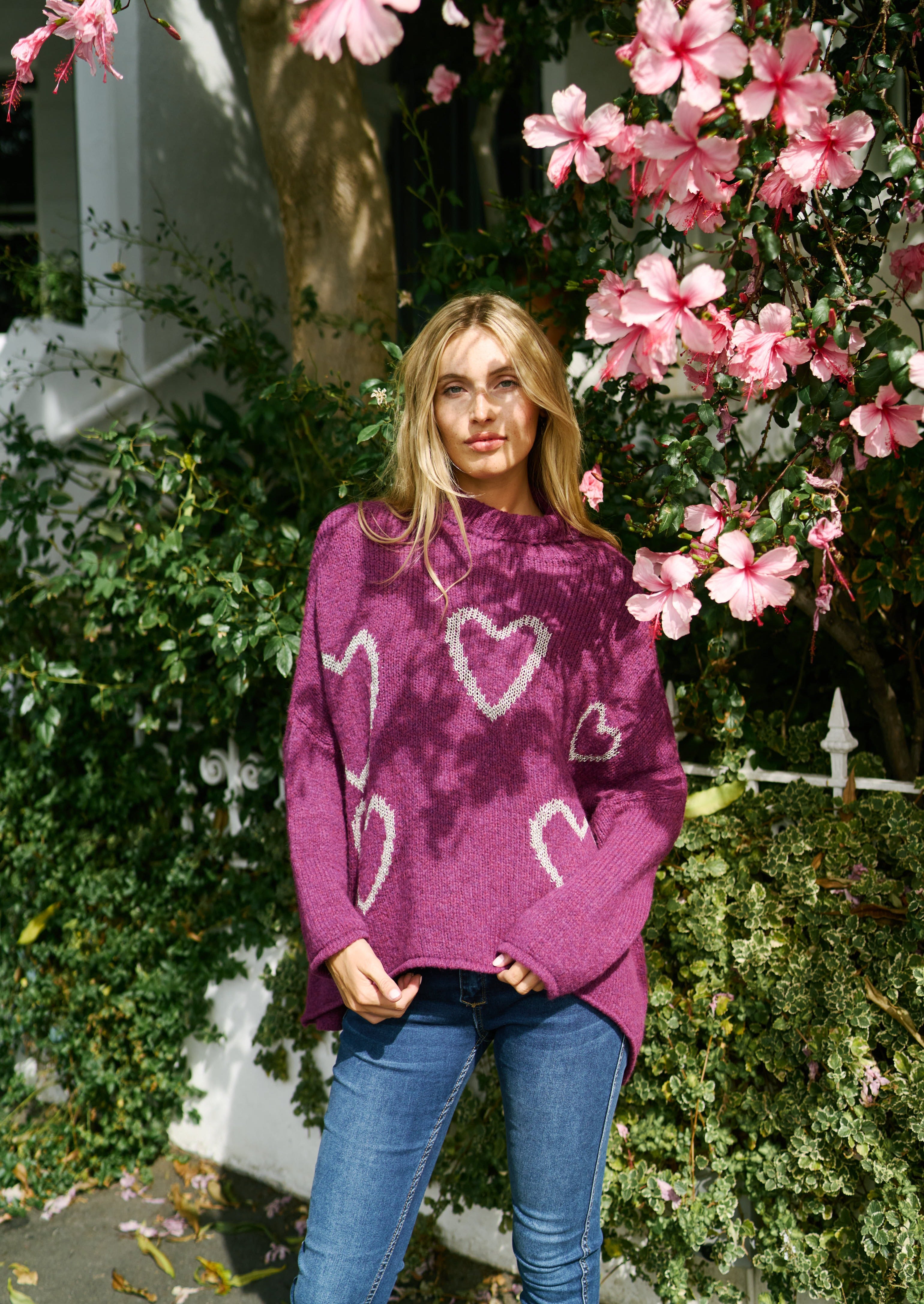 Italian Polo Neck Knitted Jumper with Hearts In Magenta