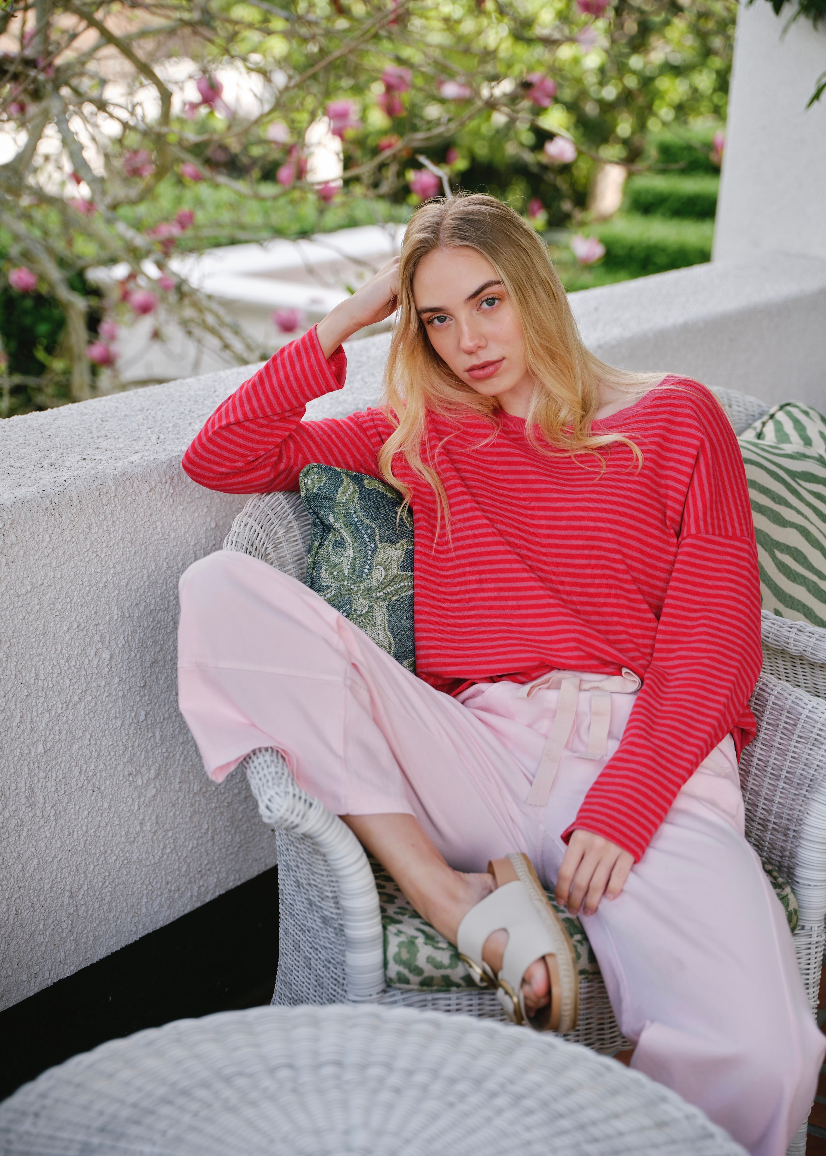 Bologna Italian Crew Neck Long Sleeved Striped Cotton Tee In Red
