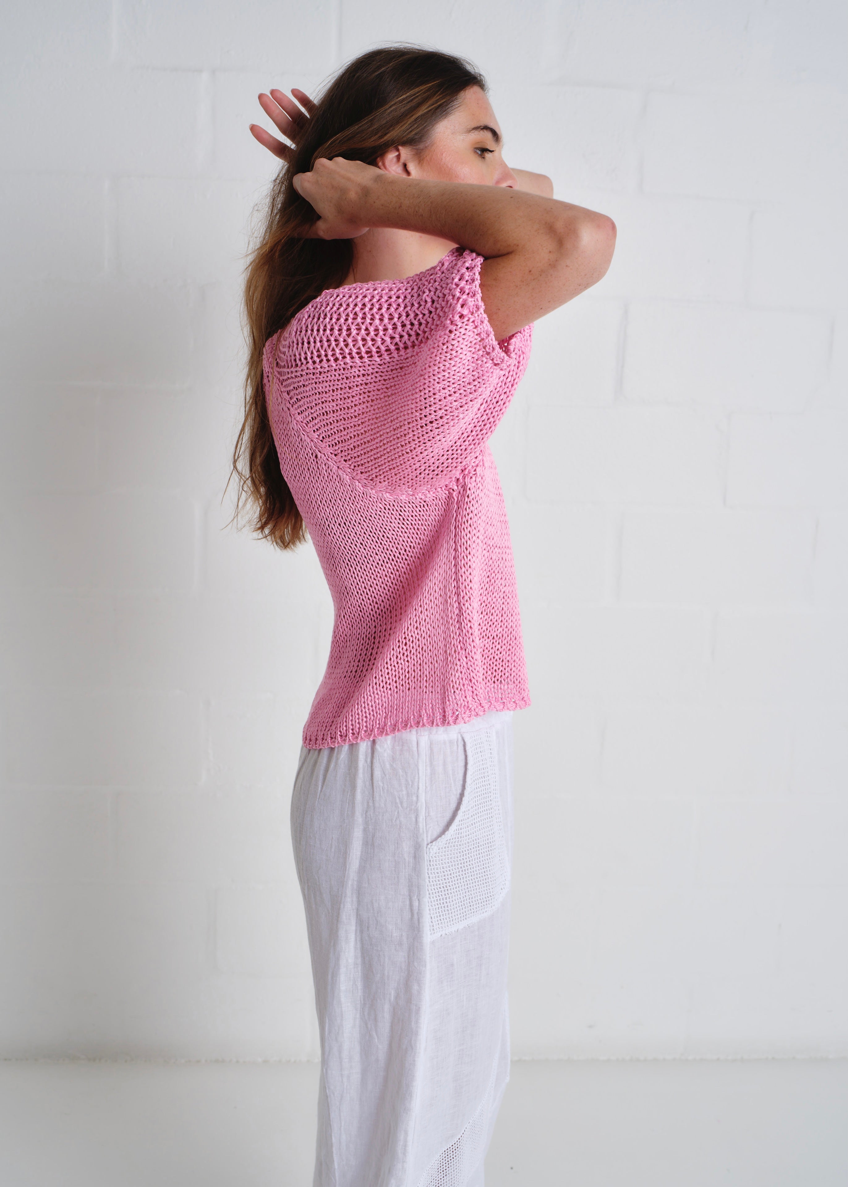 Sayulita Boatneck Crochet Top In Baby Pink