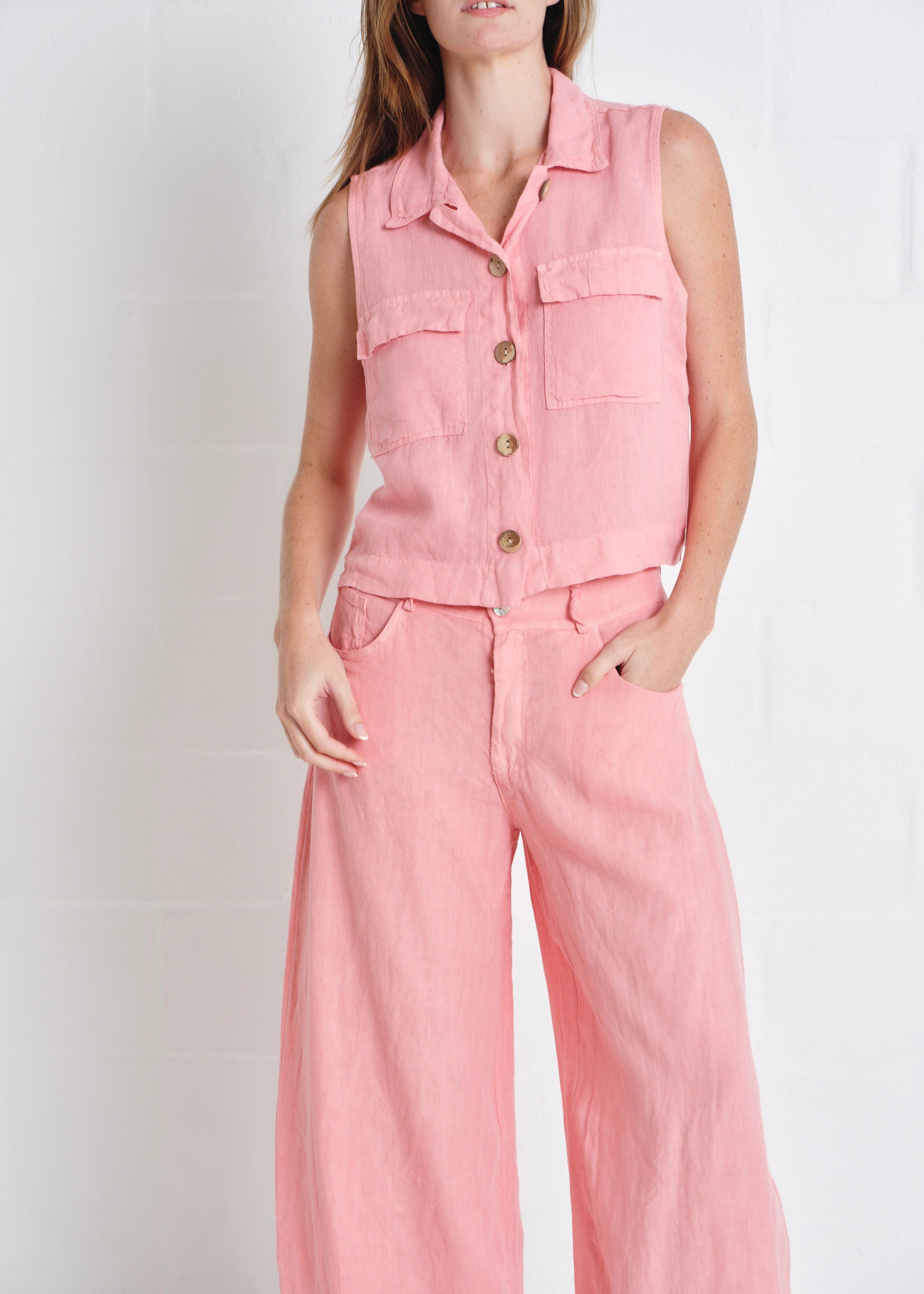 Positano Linen Sleeveless Waistcoat In Guava Pink