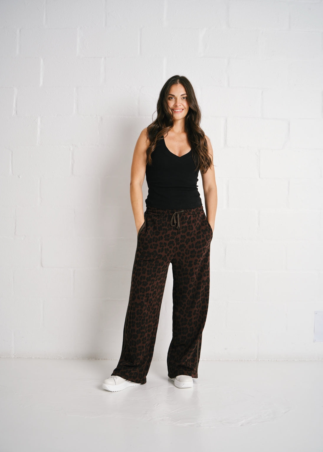 Ravenna Leopard Wide Leg Side Stripe Pants In Chocolate Brown