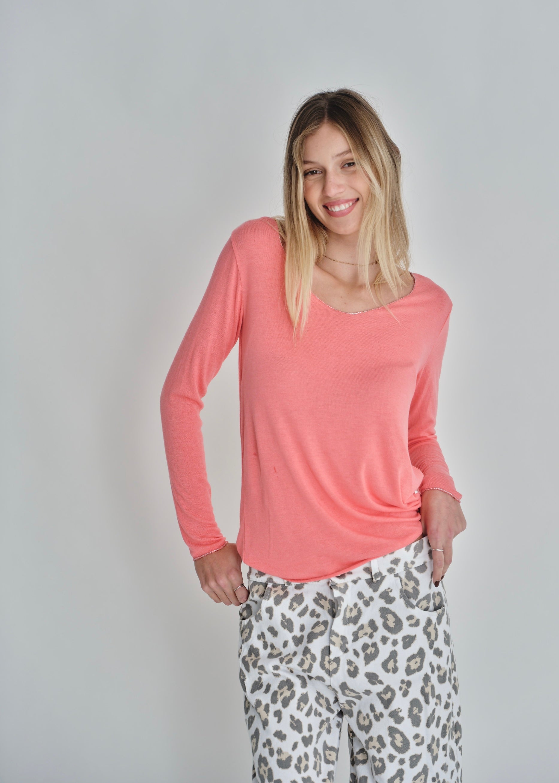 Italian Shimmer Edged V Neck Knit In Coral