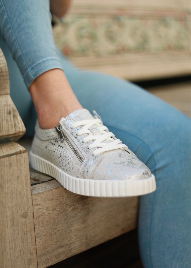 Callie Leather Sneaker With Silver Snake Print