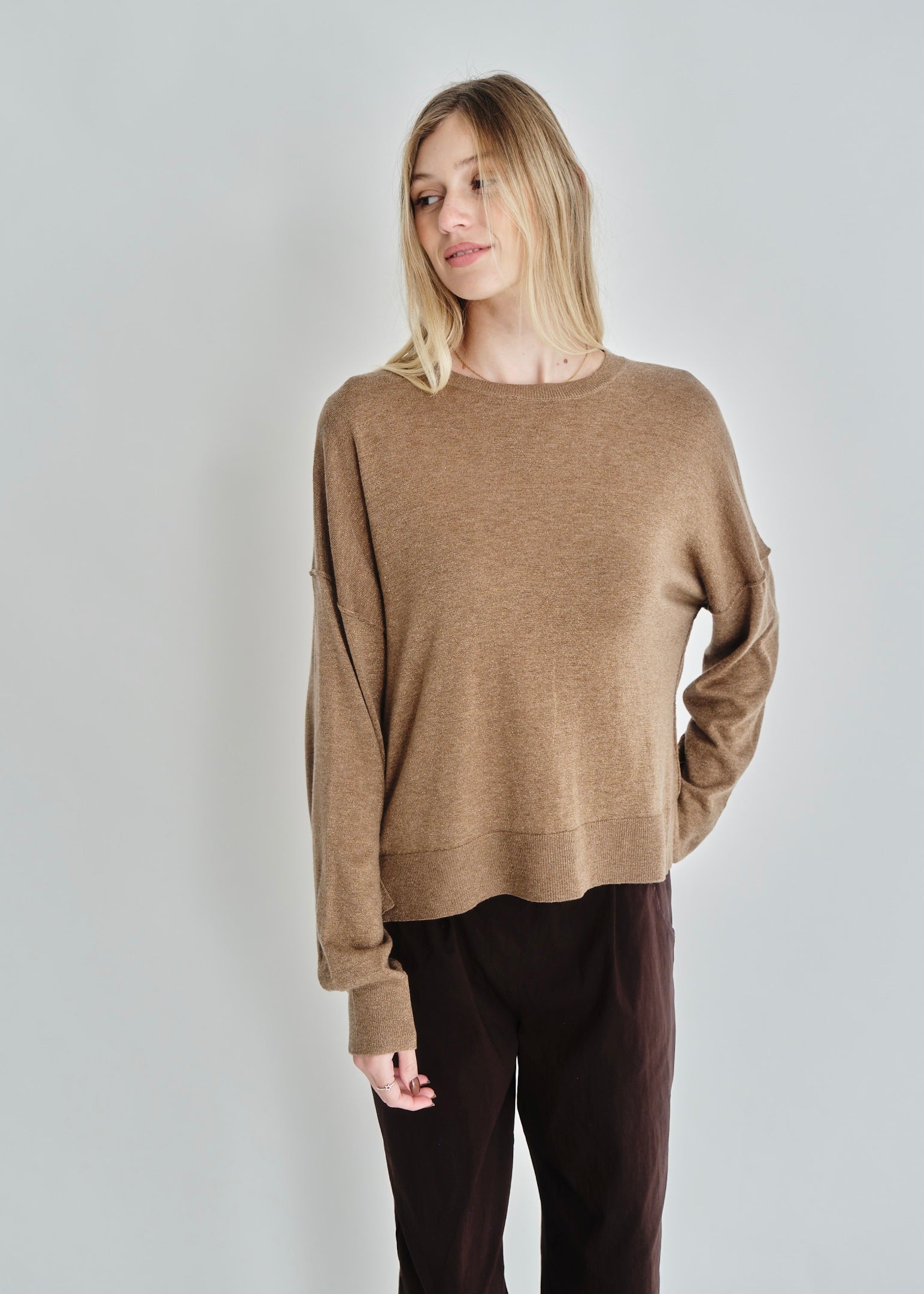 Classic Lurex Crew Neck Knit In Caramel