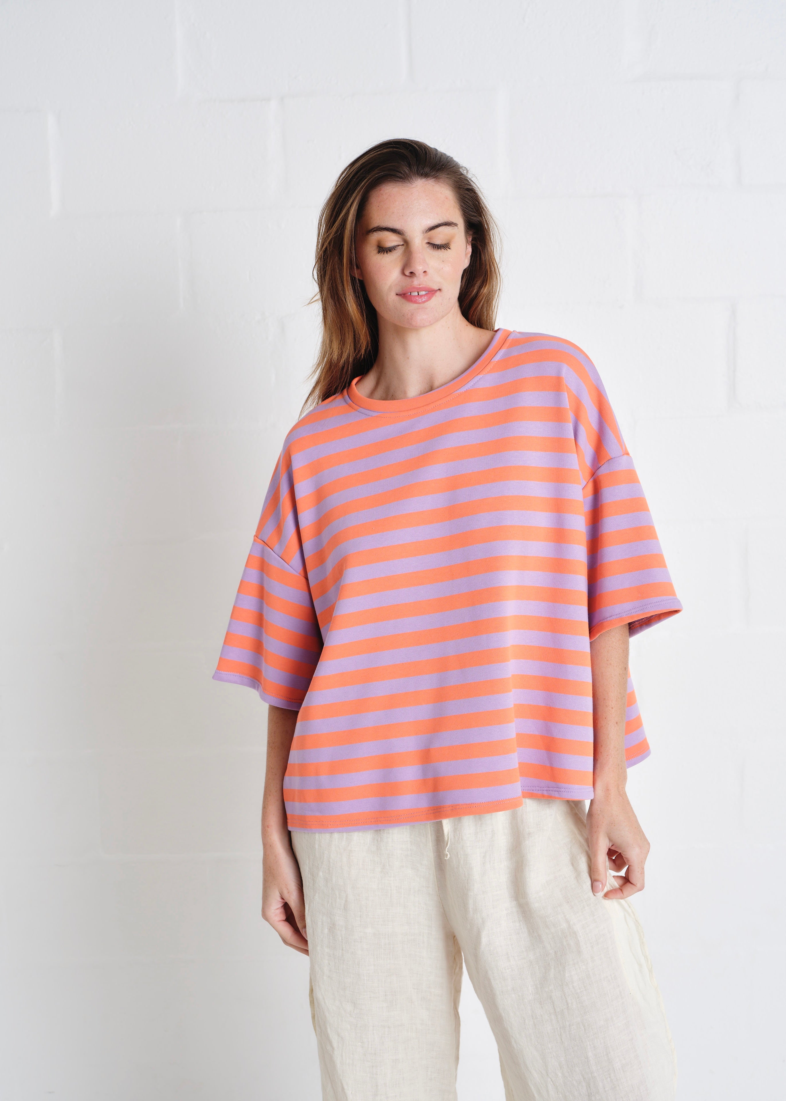 Tribeca Italian Stripe Tracksuit Tee In Lilac And Orange