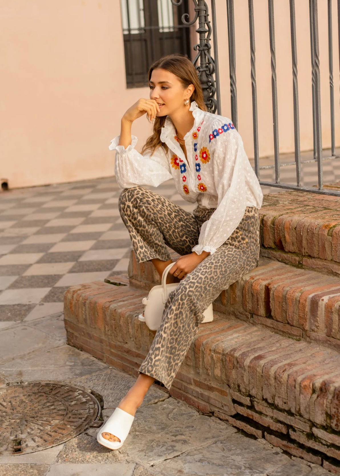 High-Waisted Wide Leg Relaxed Fit Jeans with Gold Front Buttons in Animal Print