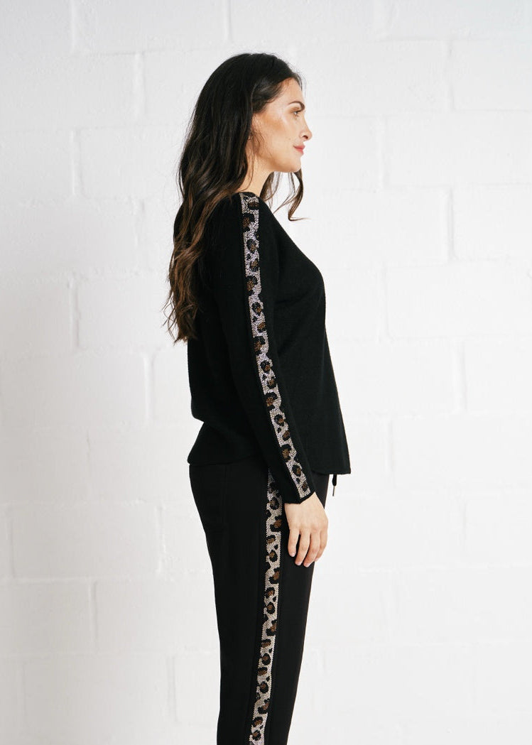 V Neck Knit, Diamanté Sleeve Edge In Black