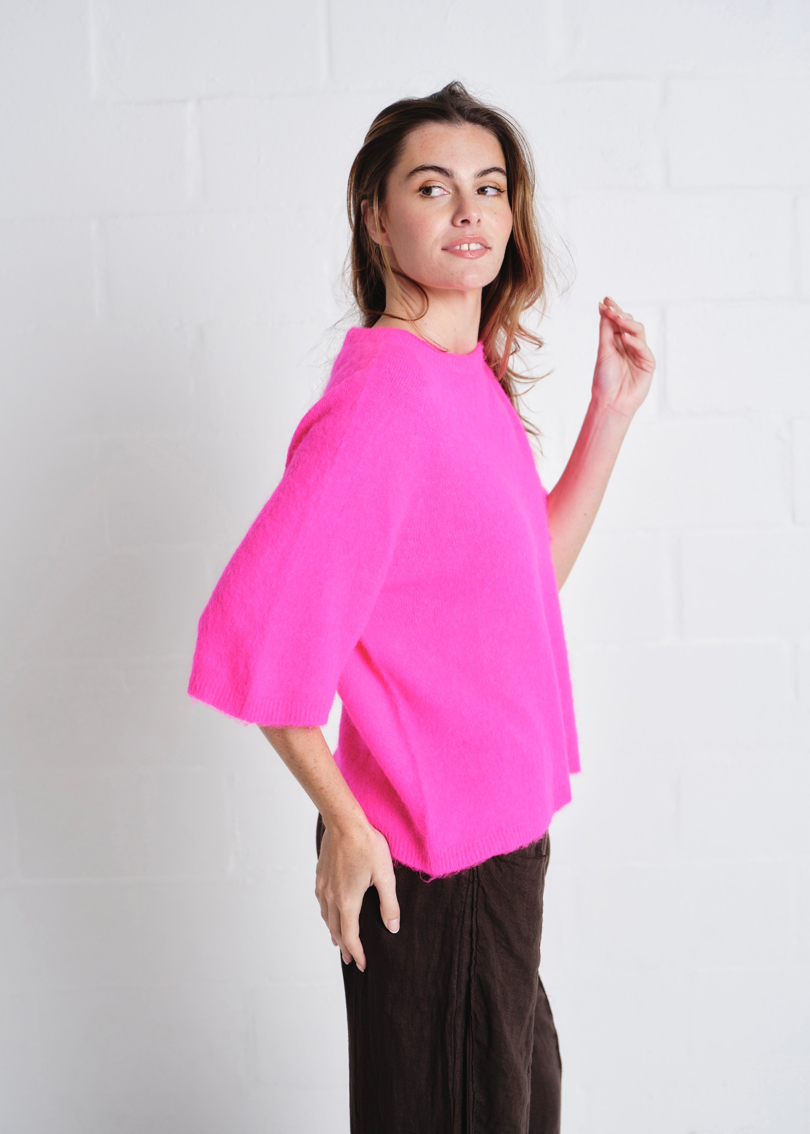 Chamonix SS Round Neck Alpaca Knit In Hot Pink