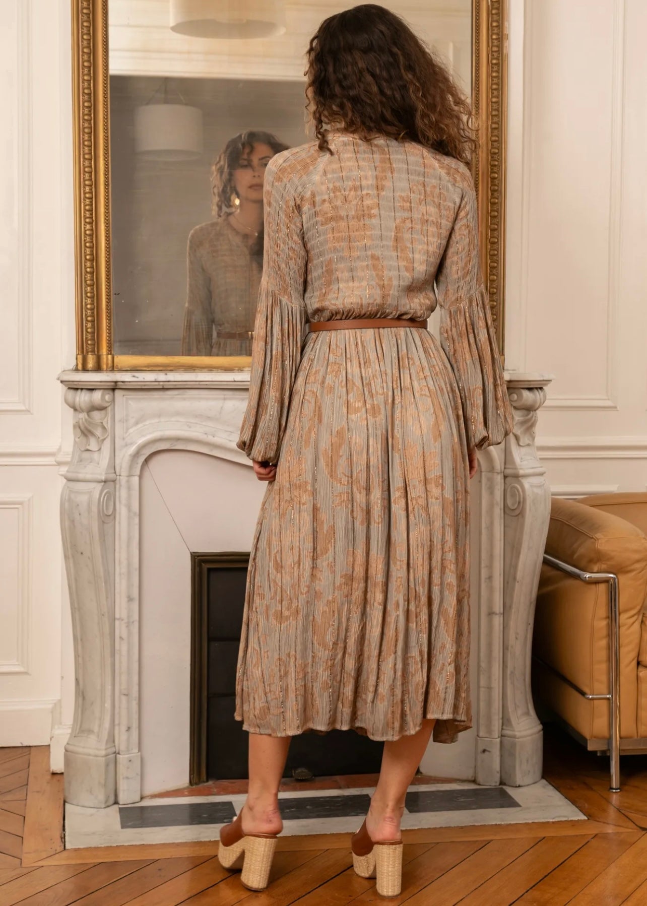 Athena Midi Bohemian Dress with Gold Lurex Thread inSoft Rust and Grey Print