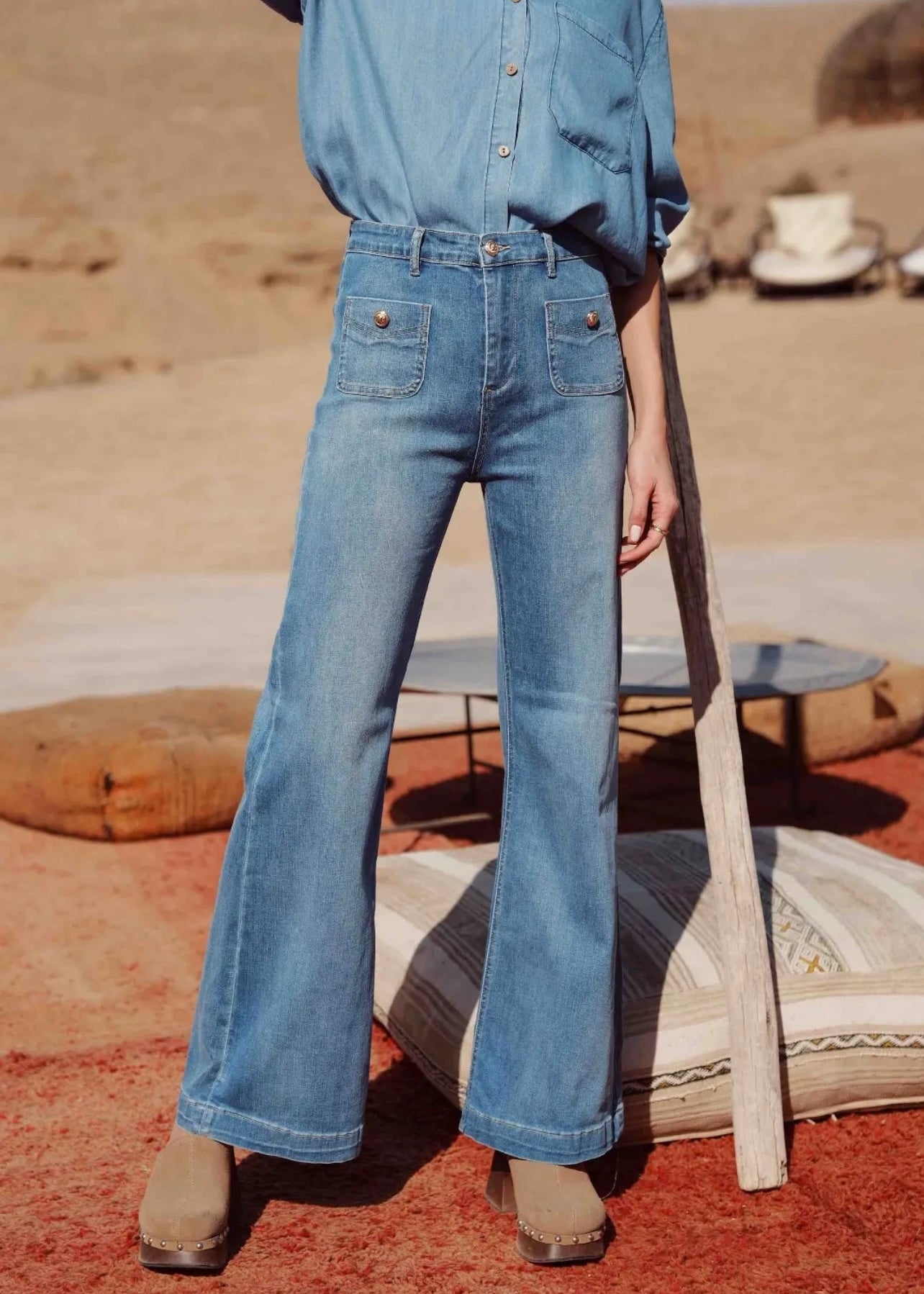High Waisted Flared Jeans in Denim Blue