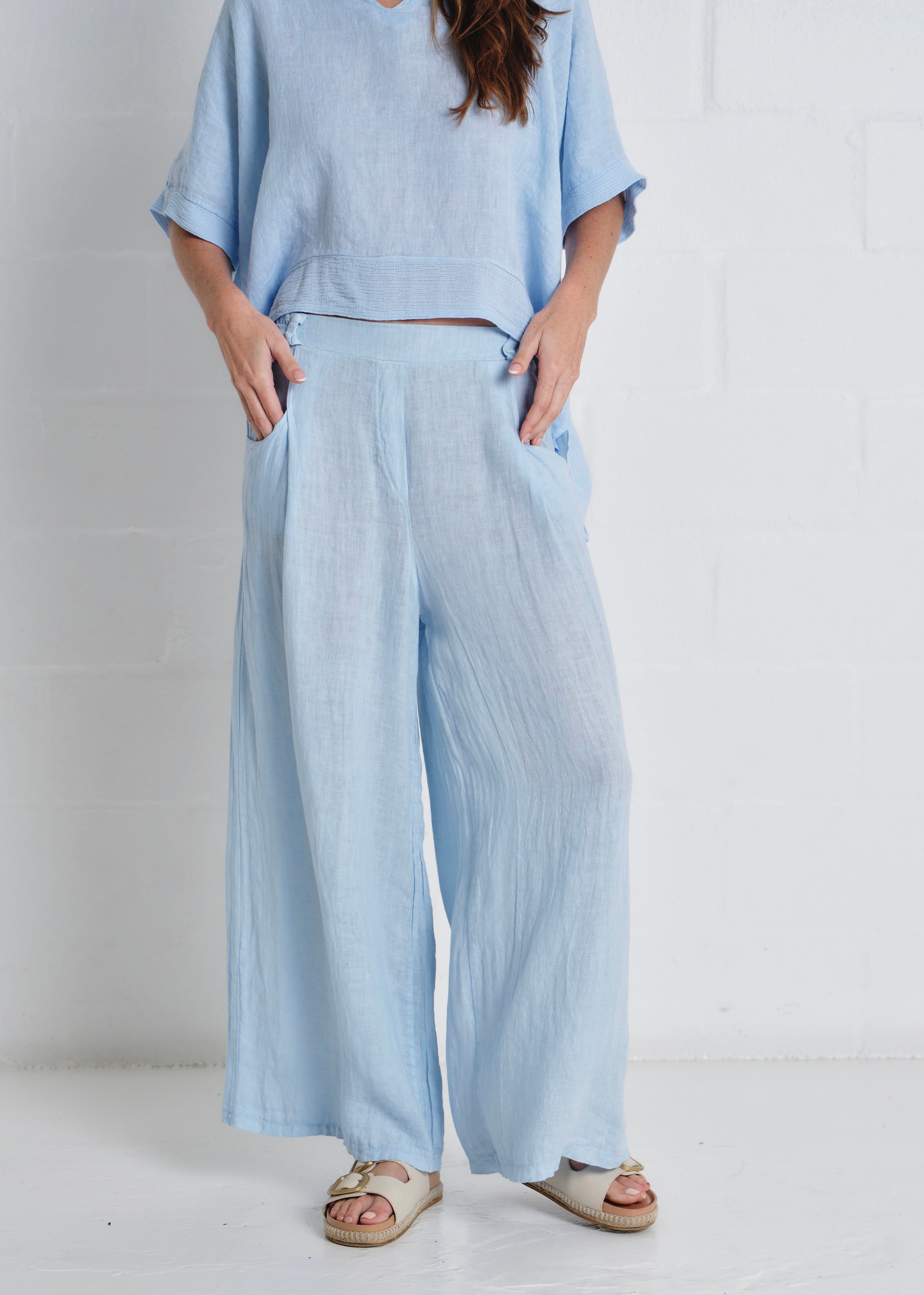 Havana Palazzo Pants With Pockets In Sky Blue