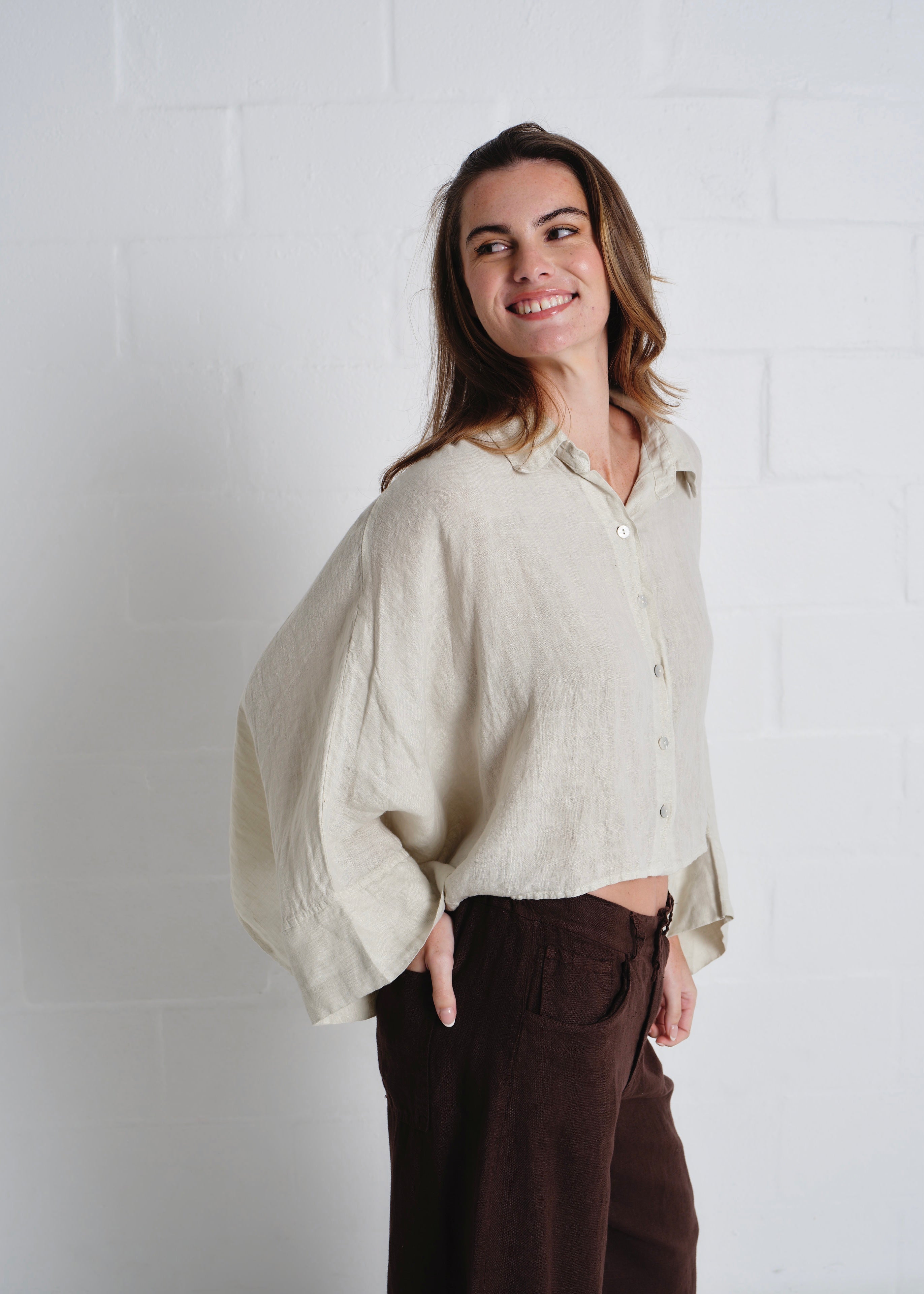 Lucca Italian Linen Batwing Shirt in Beige