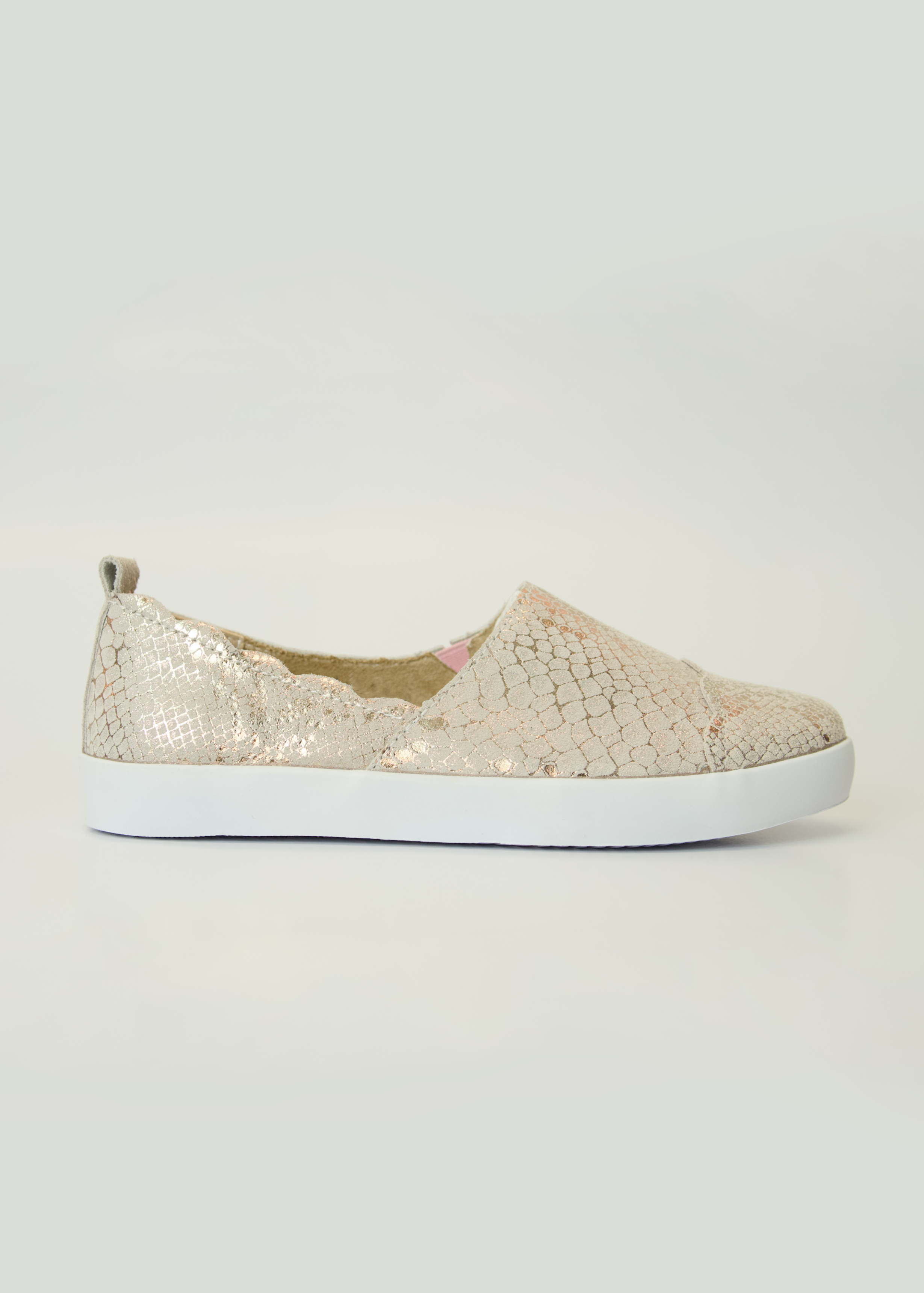 Fran Scalloped Leather Slip On's In Rose Gold Snake
