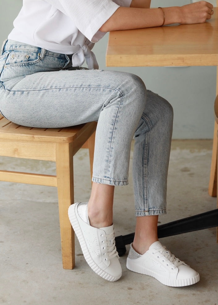 Valentina Leather Sneaker With Silver Specs in White