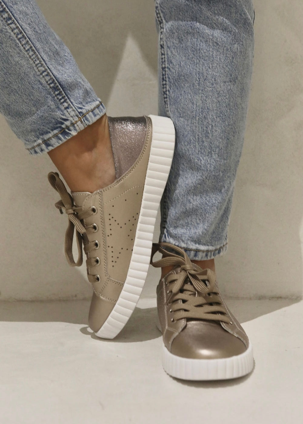 Valentina Leather Sneaker With Glitter in Pewter