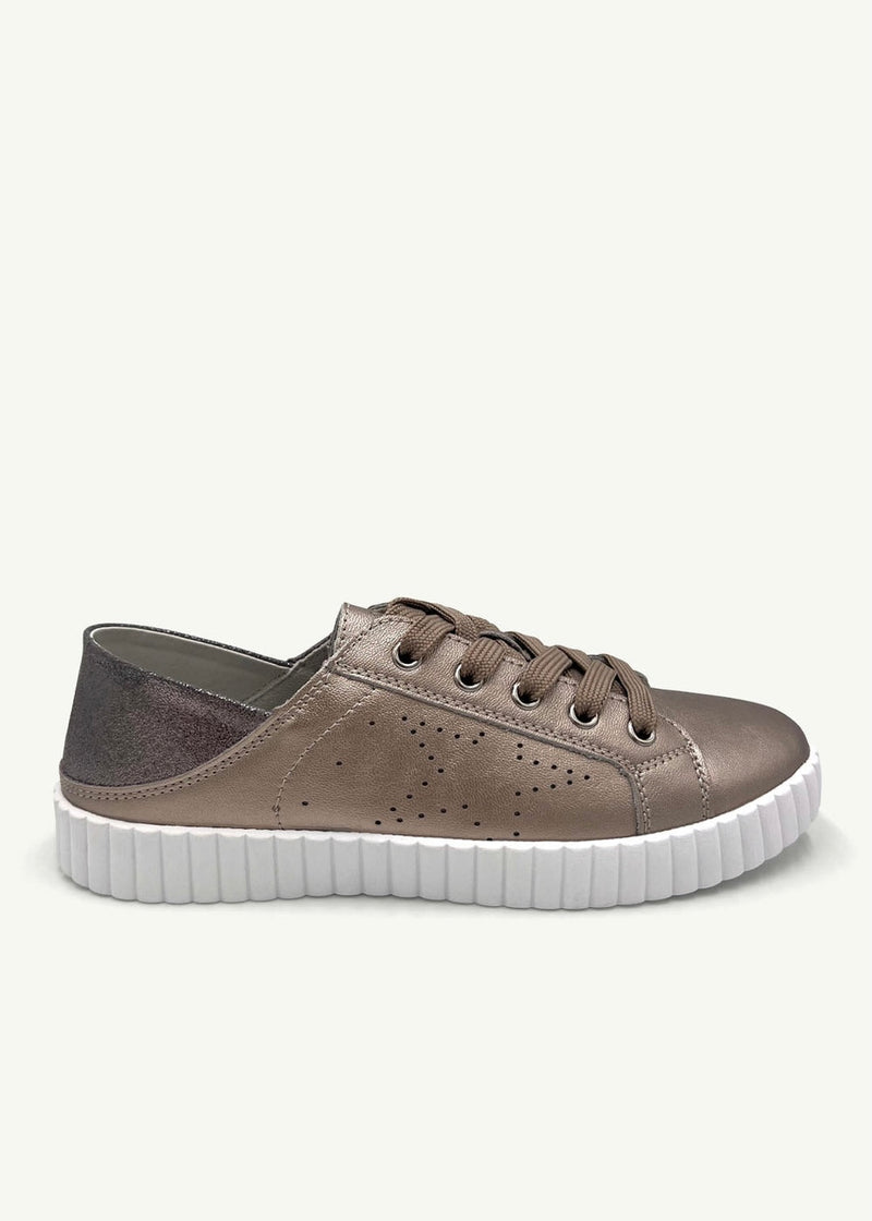 Valentina Leather Sneaker With Glitter in Pewter