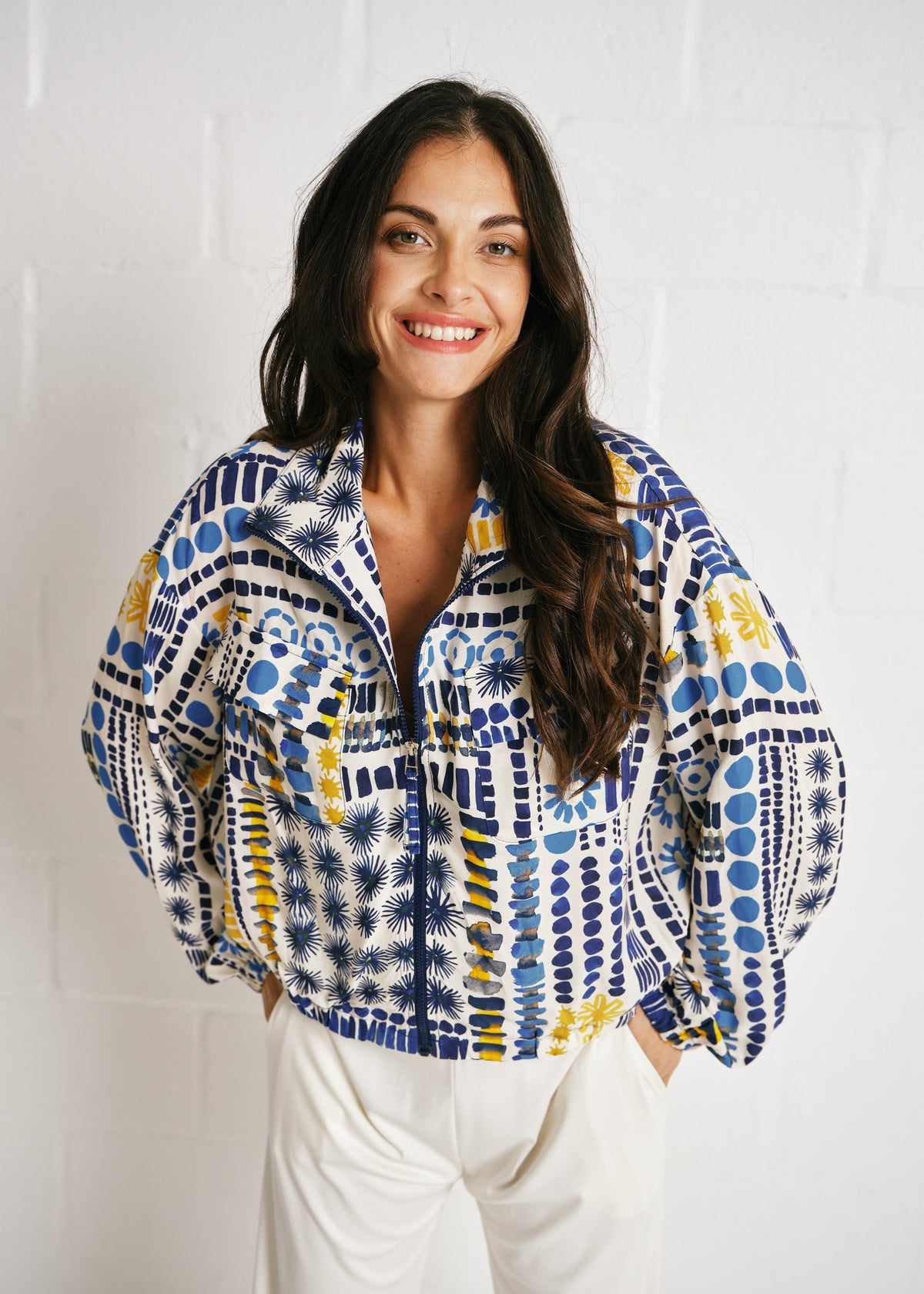 The Brushstroke Bomber Jacket With Abstract Print In Cream