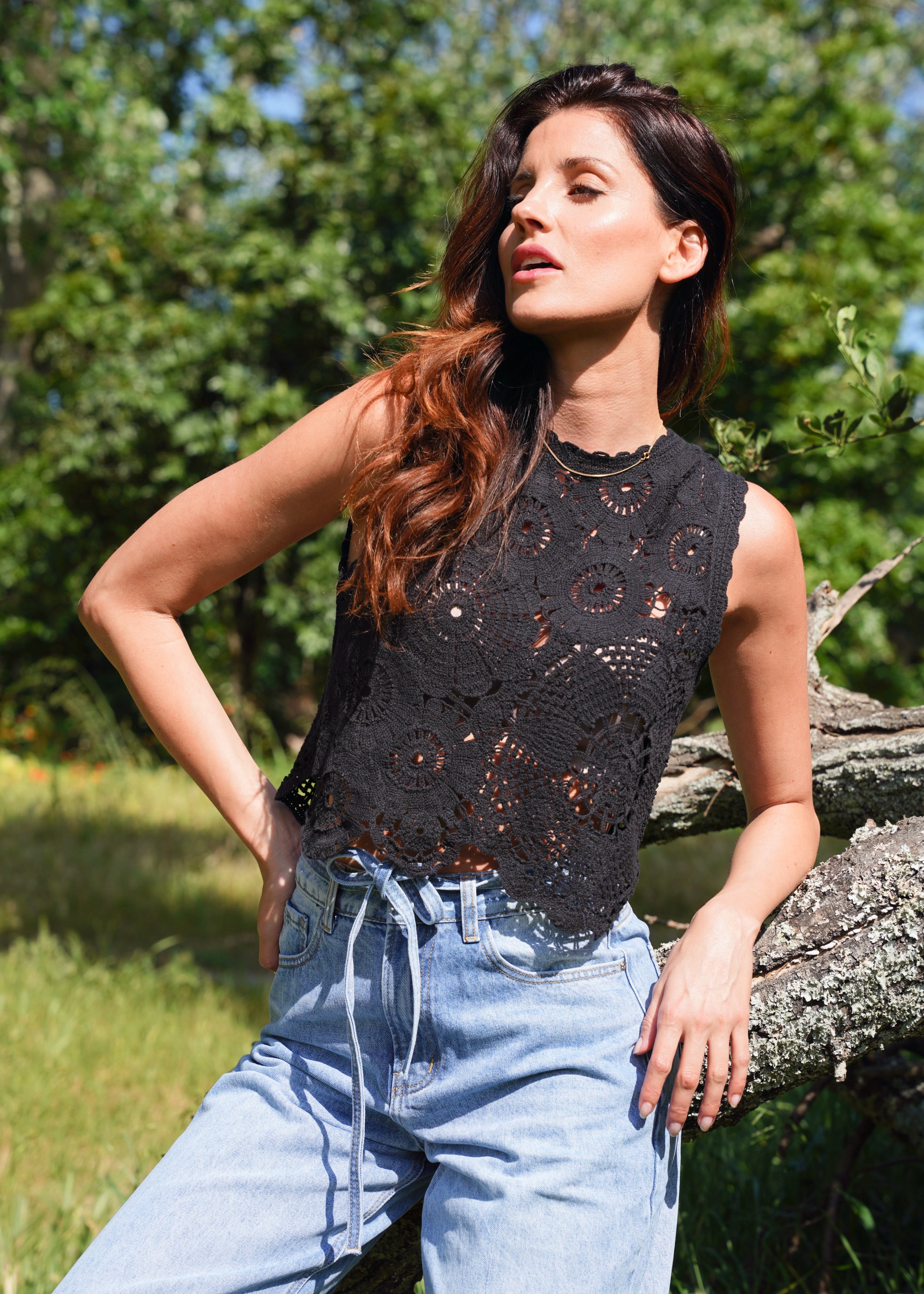 Nara Crochet Cotton Top In Black