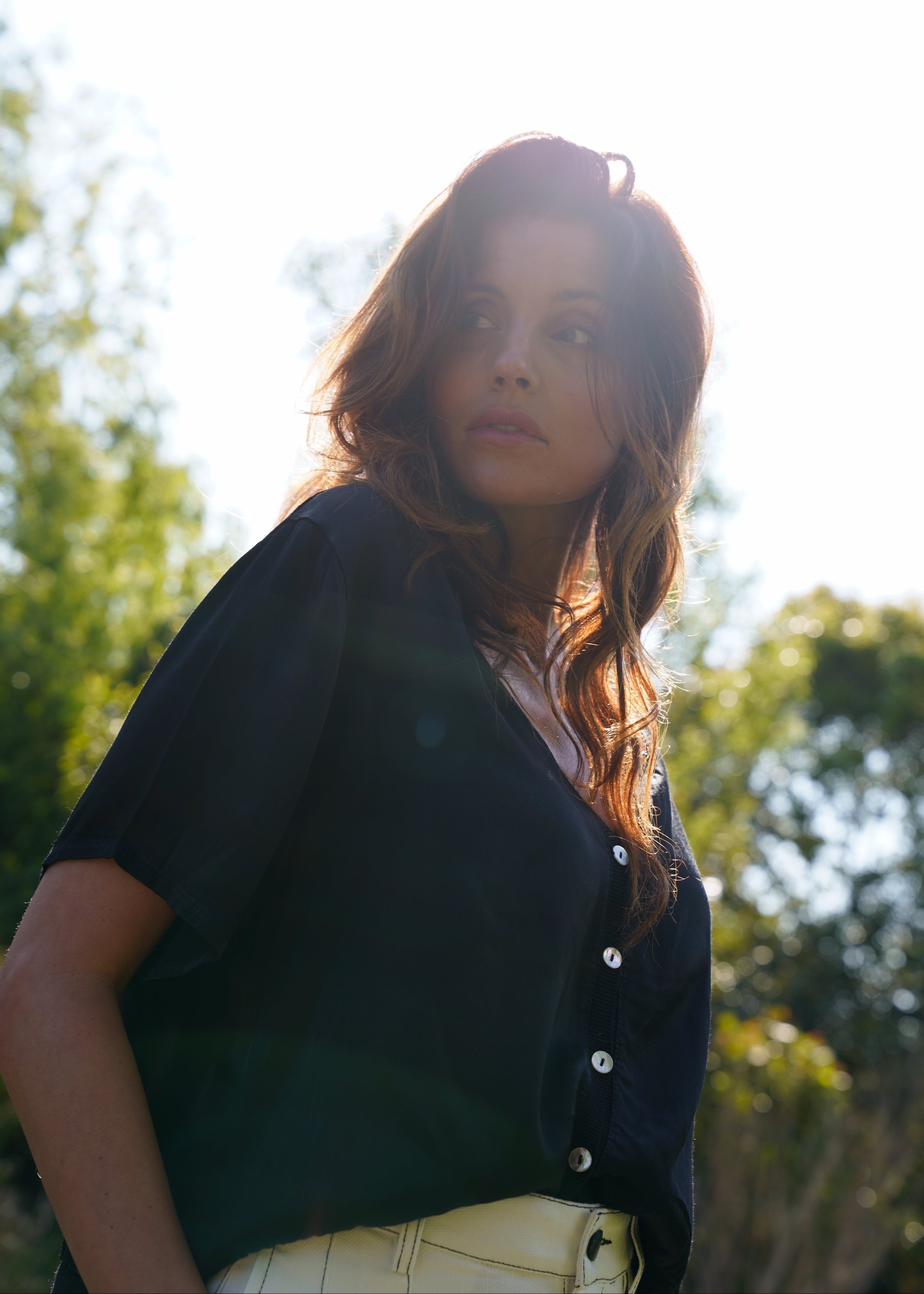Italian Satin Blouse With V and front Buttons In Black