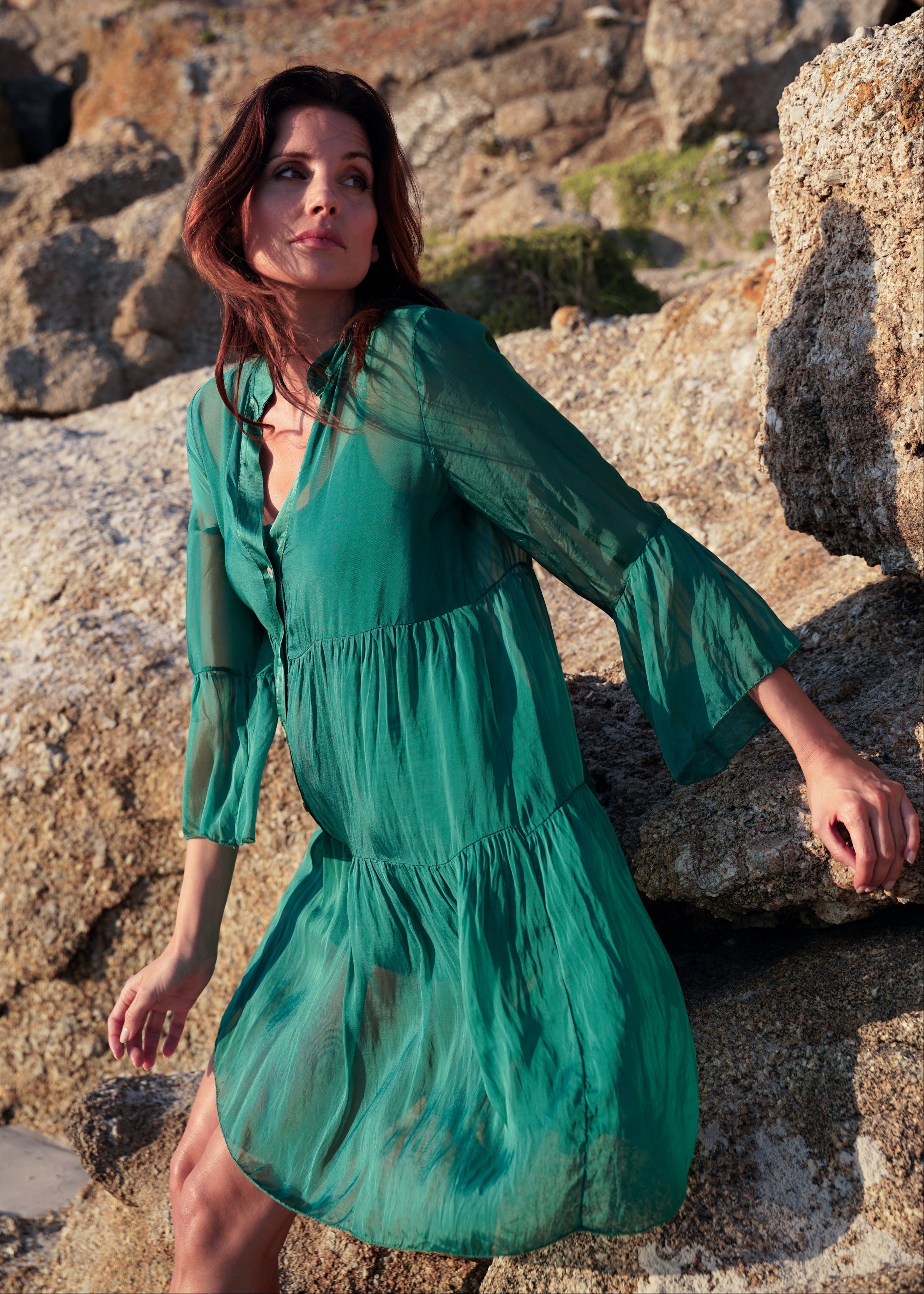 Rio Silk Tiered Dress In Emerald