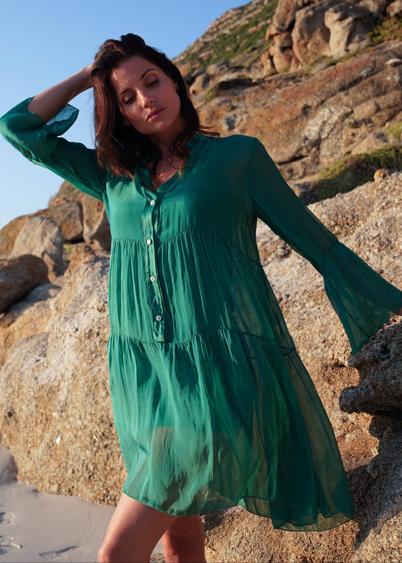 Rio Silk Tiered Dress In Emerald