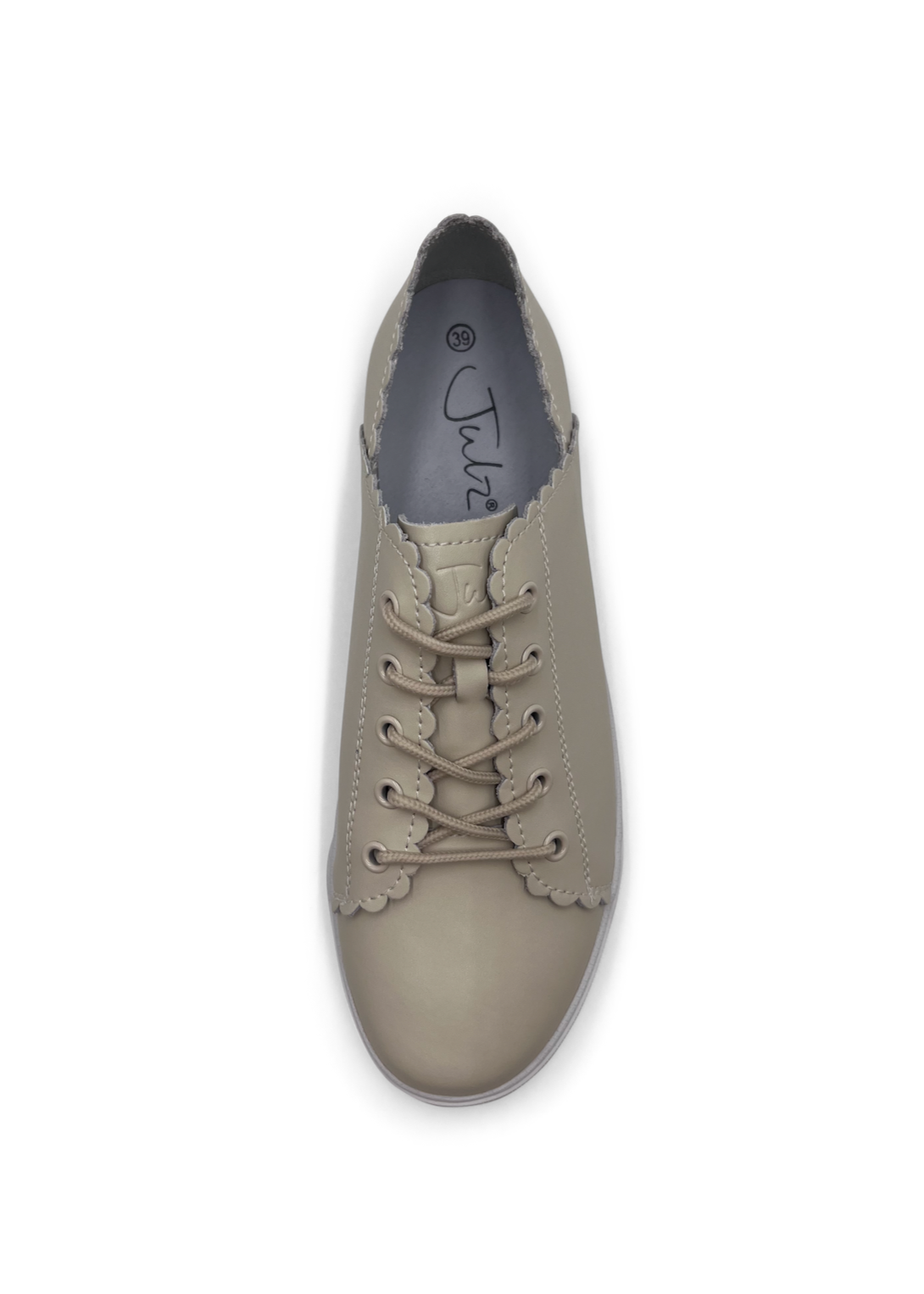 Beige sneaker with lace-up design on a white background
