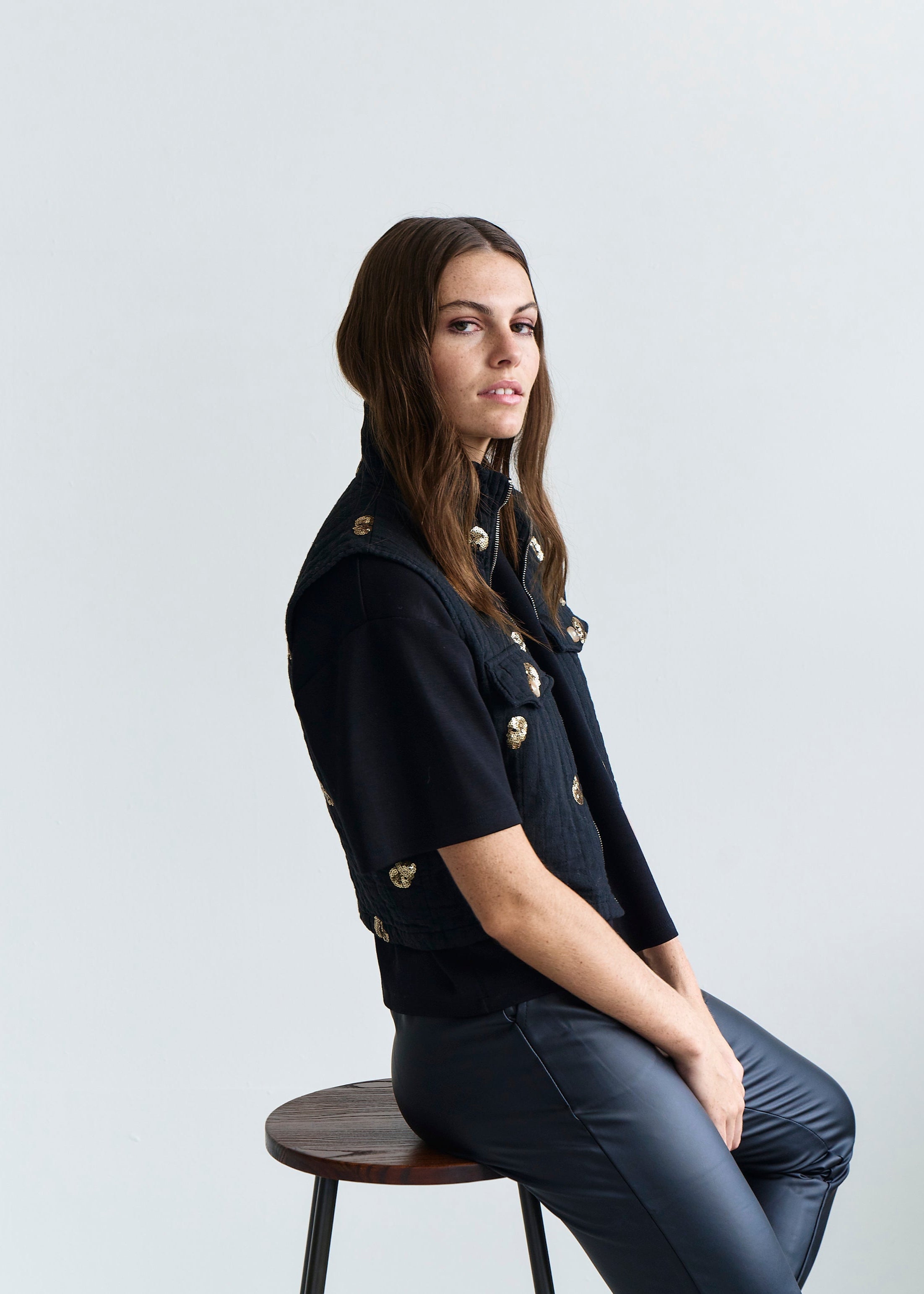 Freya Italian Sleeveless Jacket with Gold Sequins in Black