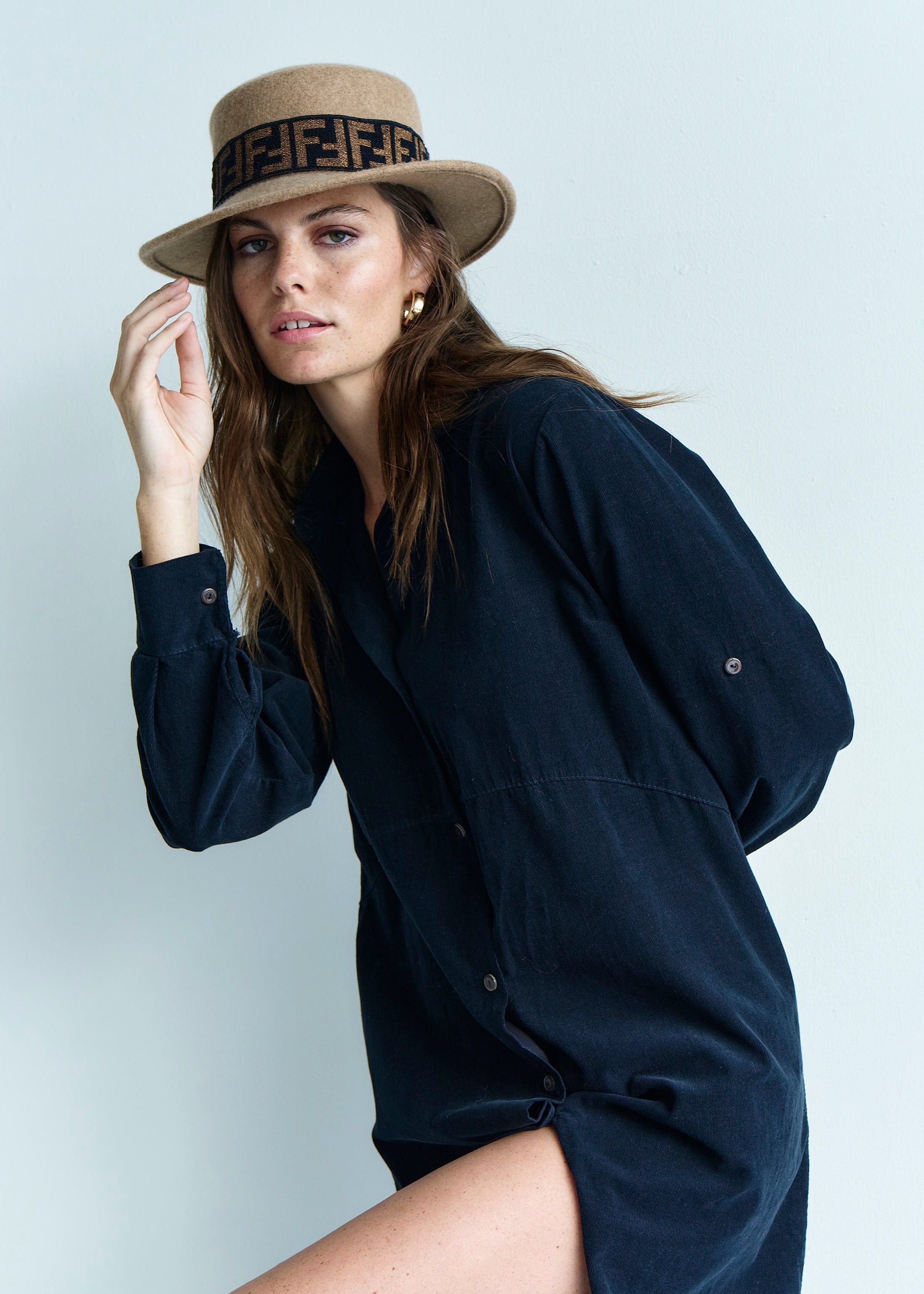 Roma Italian Velour Button up Dress in Blue Marine