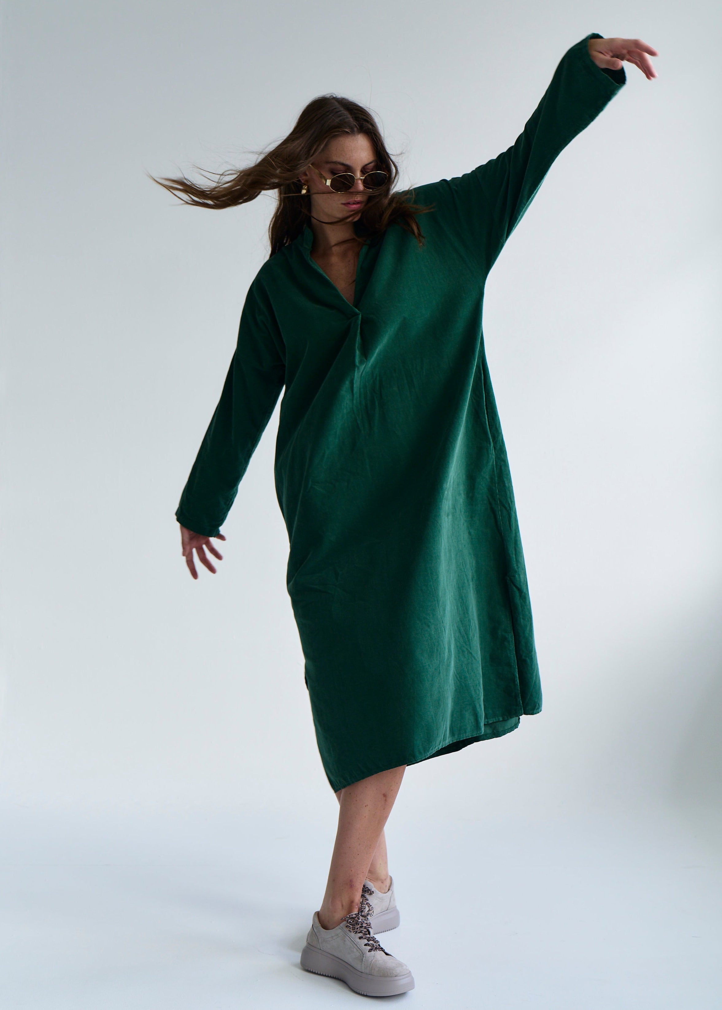 Stella Italian Velour Deep V Neck Dress in Bottle Green