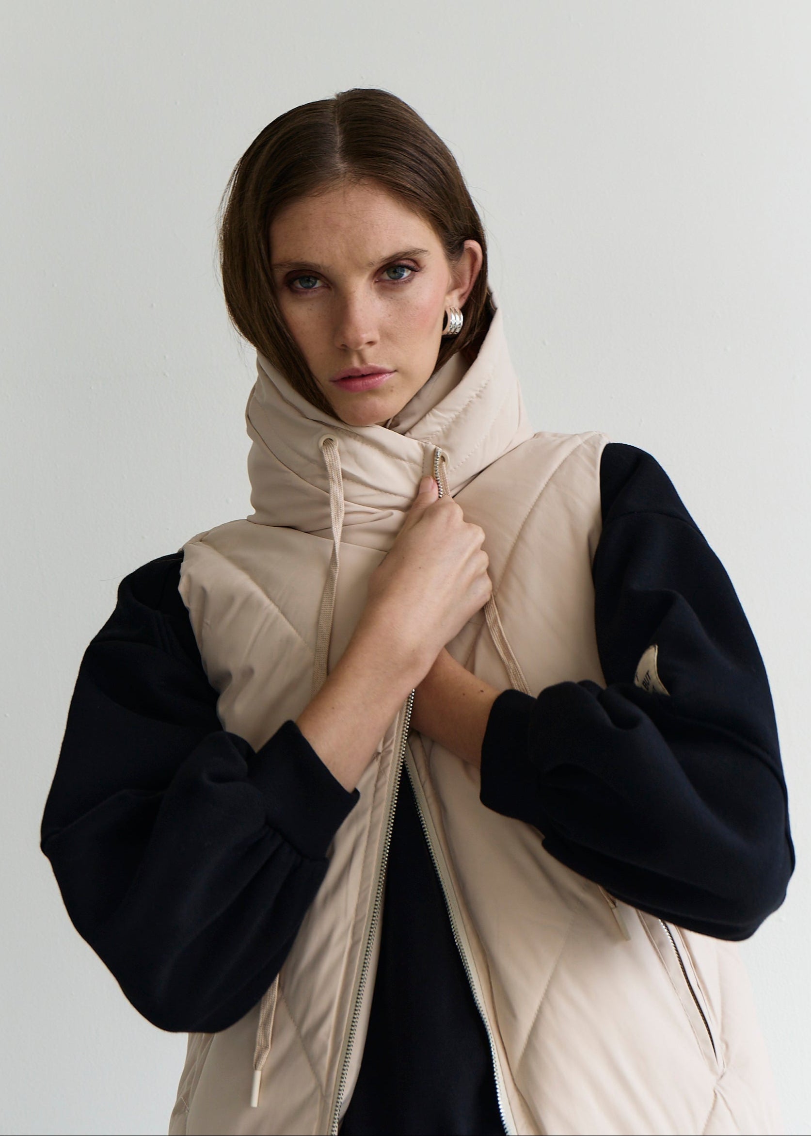 Scandi Sleeveless Down Feather Winter Puffer Jacket in Cream