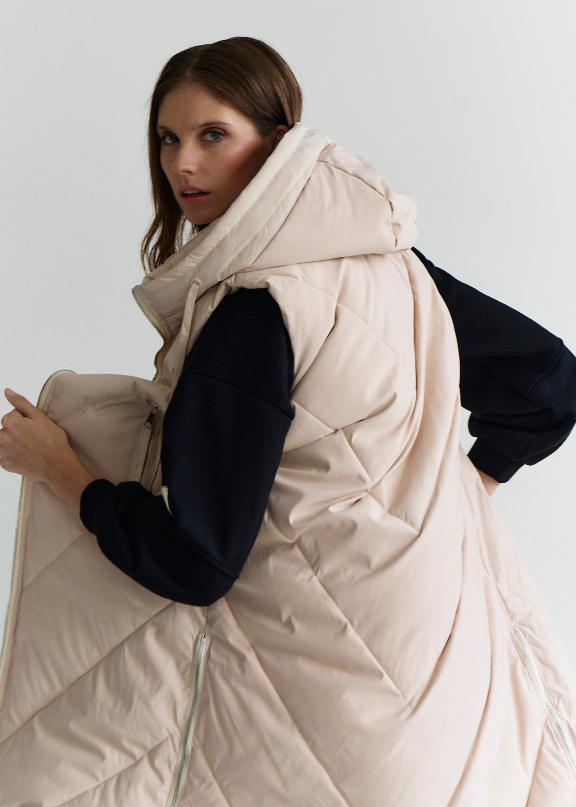 Scandi Sleeveless Down Feather Winter Puffer Jacket in Cream