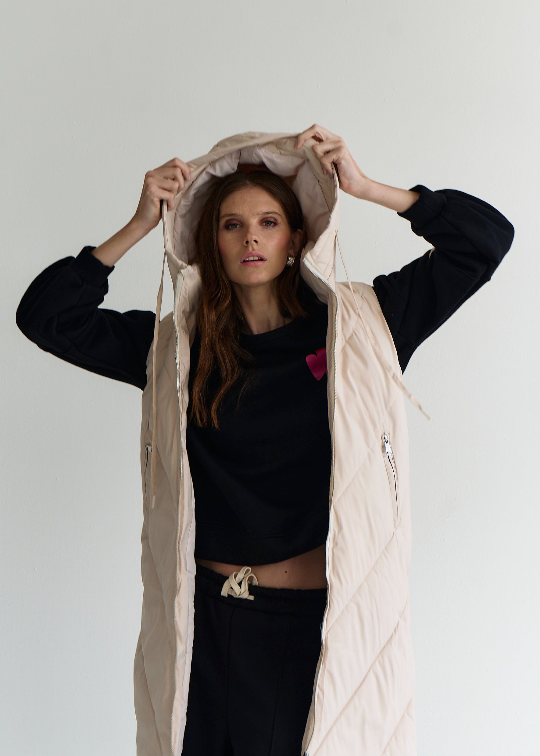 Scandi Sleeveless Down Feather Winter Puffer Jacket in Cream