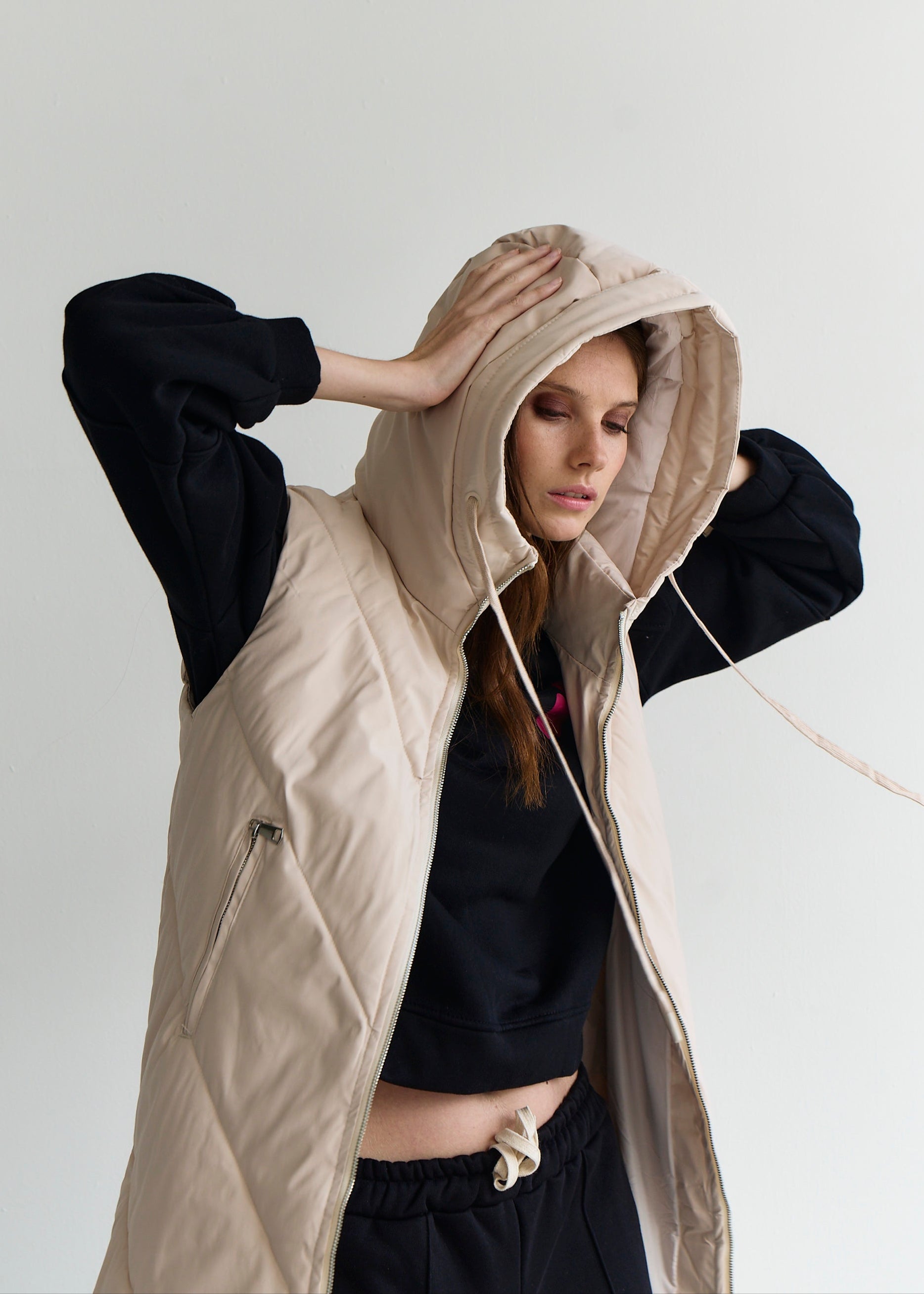 Scandi Sleeveless Down Feather Winter Puffer Jacket in Cream
