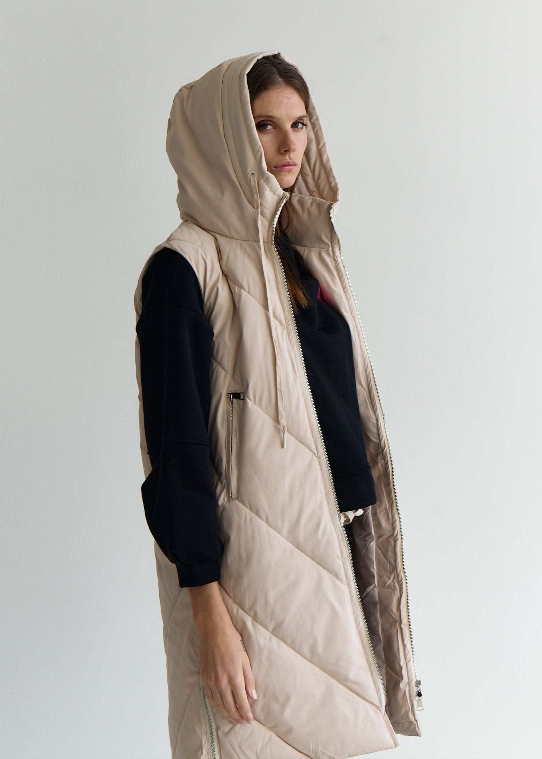 Scandi Sleeveless Down Feather Winter Puffer Jacket in Cream