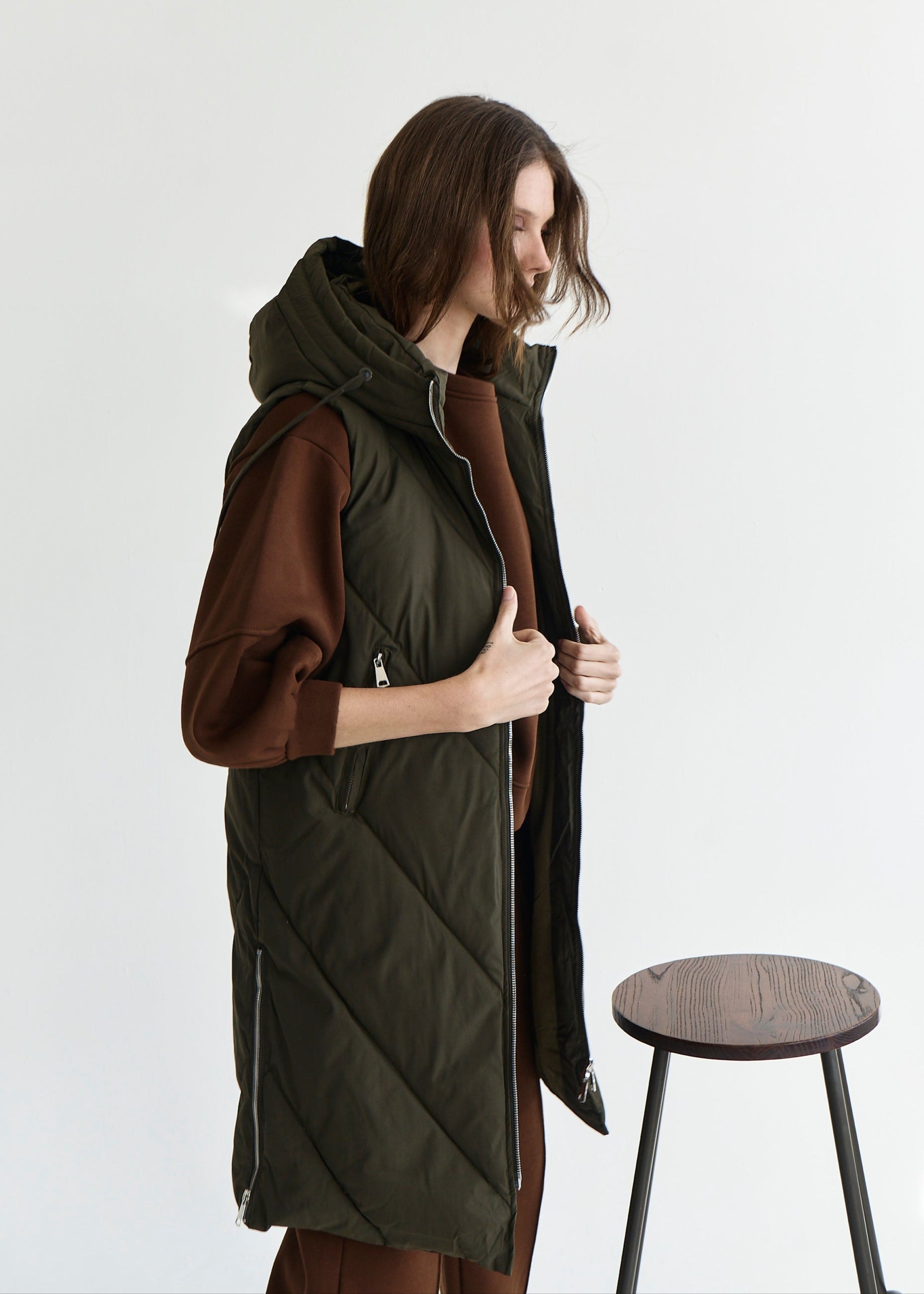 Scandi Sleeveless Down Feather Winter Puffer Jacket in Khaki