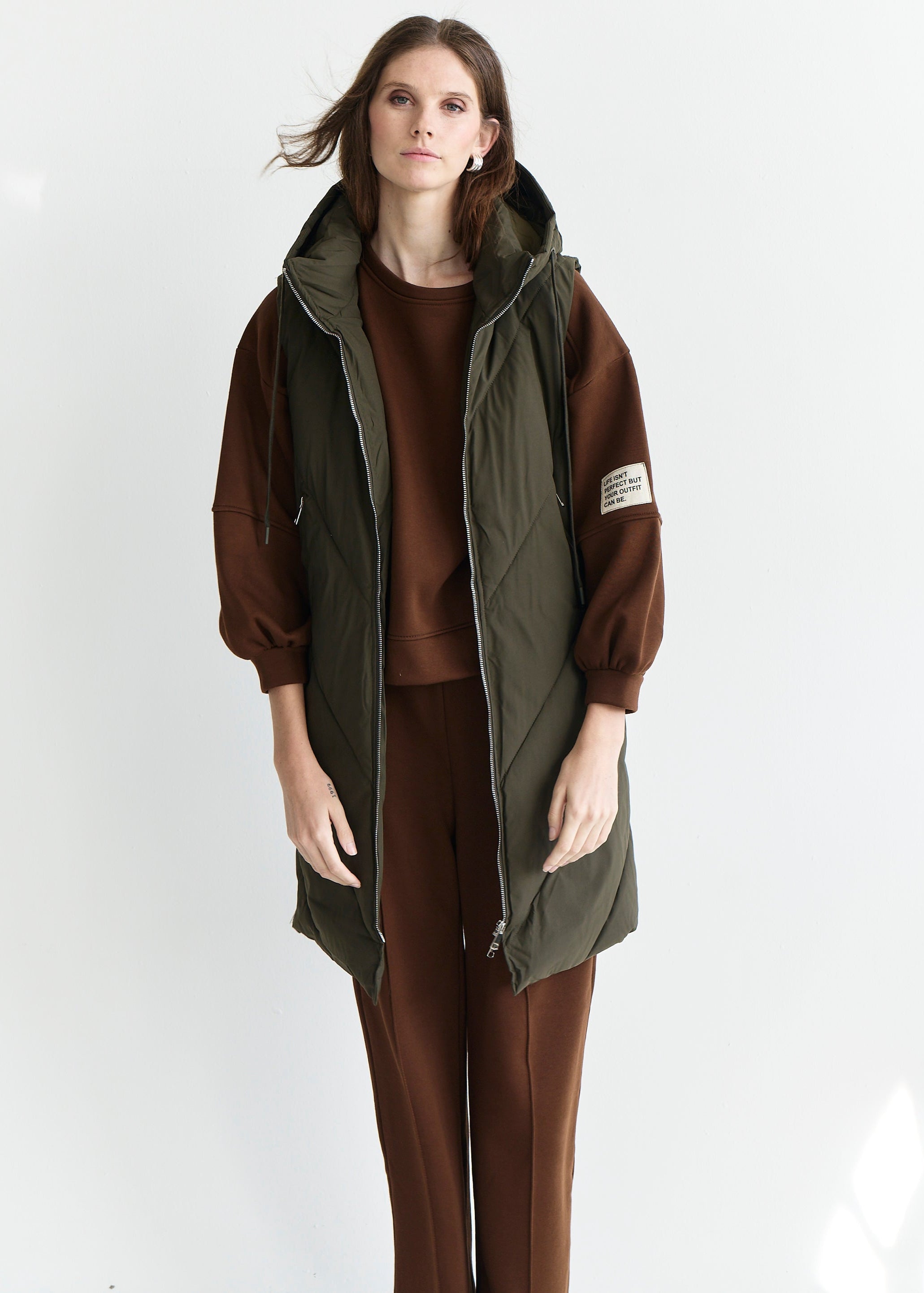 Scandi Sleeveless Down Feather Winter Puffer Jacket in Khaki
