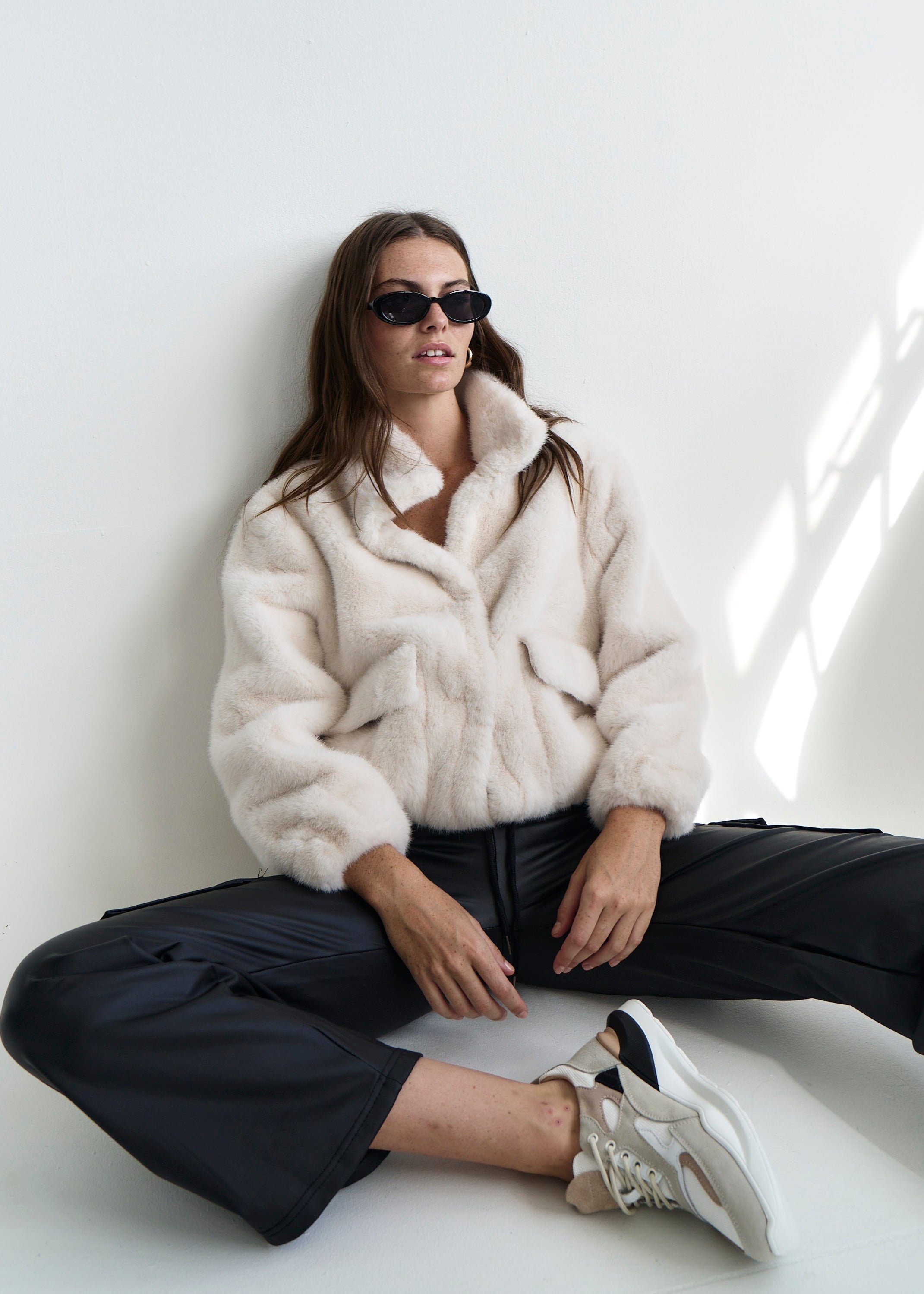 Birkin Faux Fur Cropped Jacket with Stud Buttons in Cream