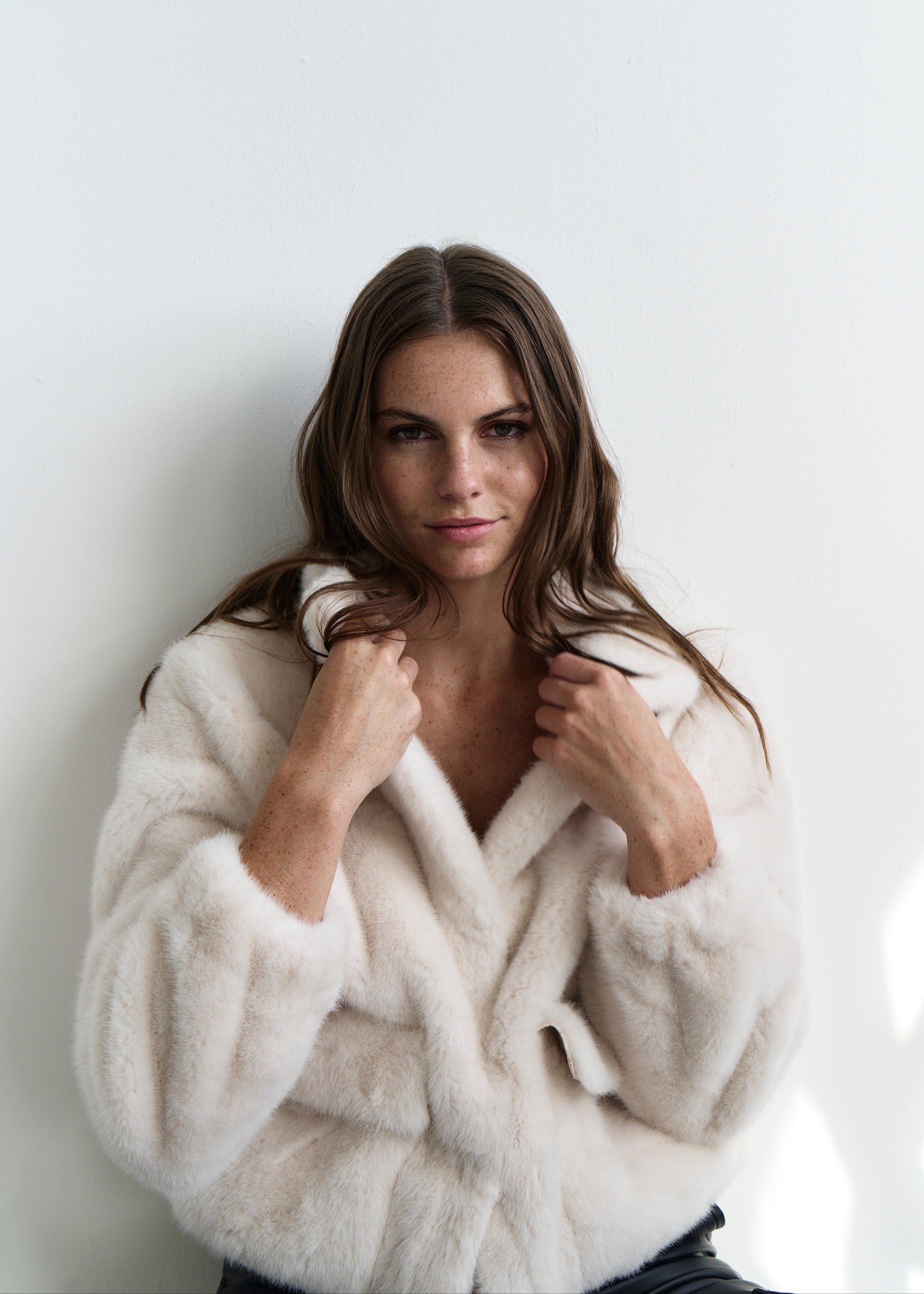 Birkin Faux Fur Cropped Jacket with Stud Buttons in Cream