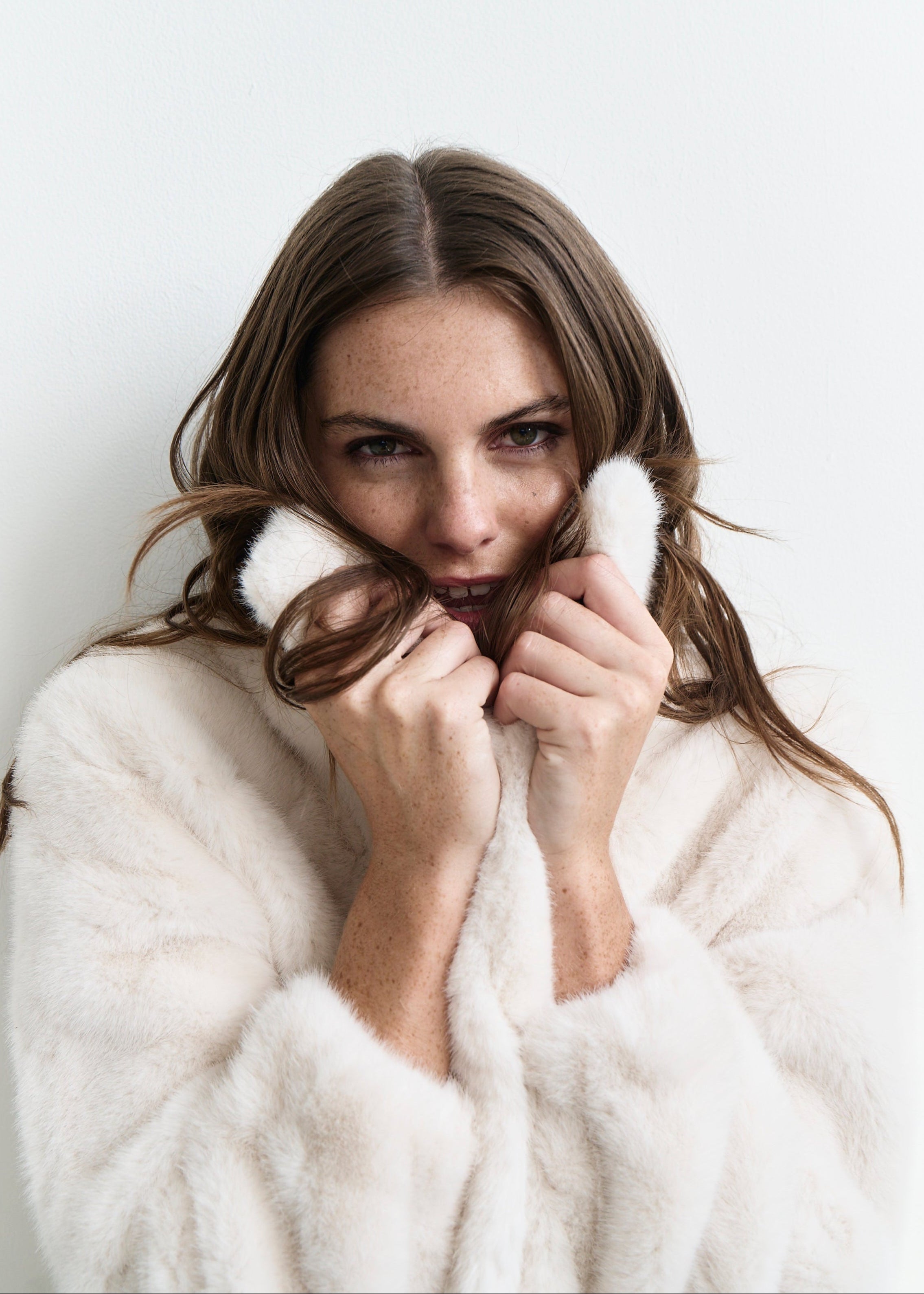 Birkin Faux Fur Cropped Jacket with Stud Buttons in Cream