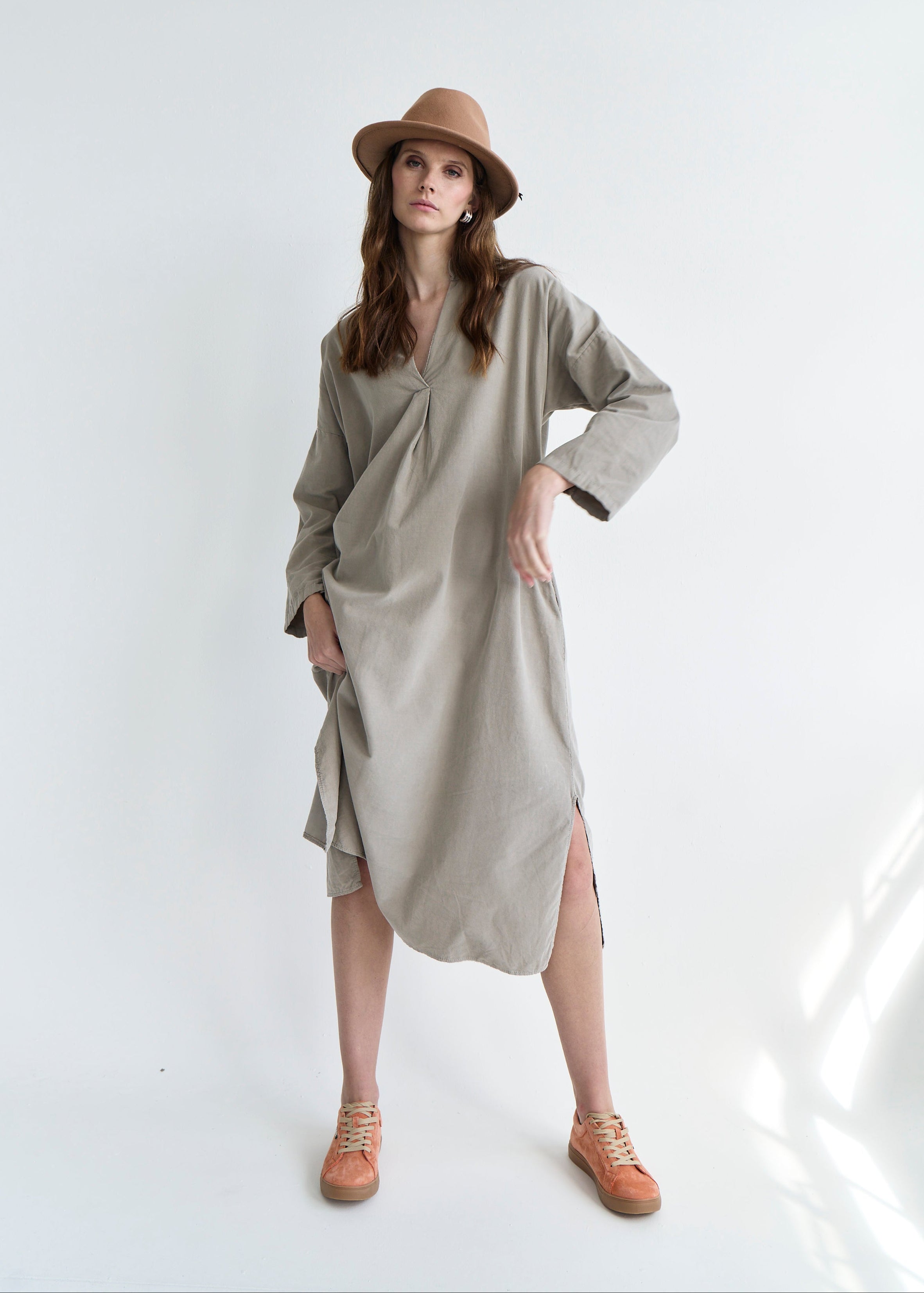 Stella Italian Velour Deep V Neck Dress in Taupe