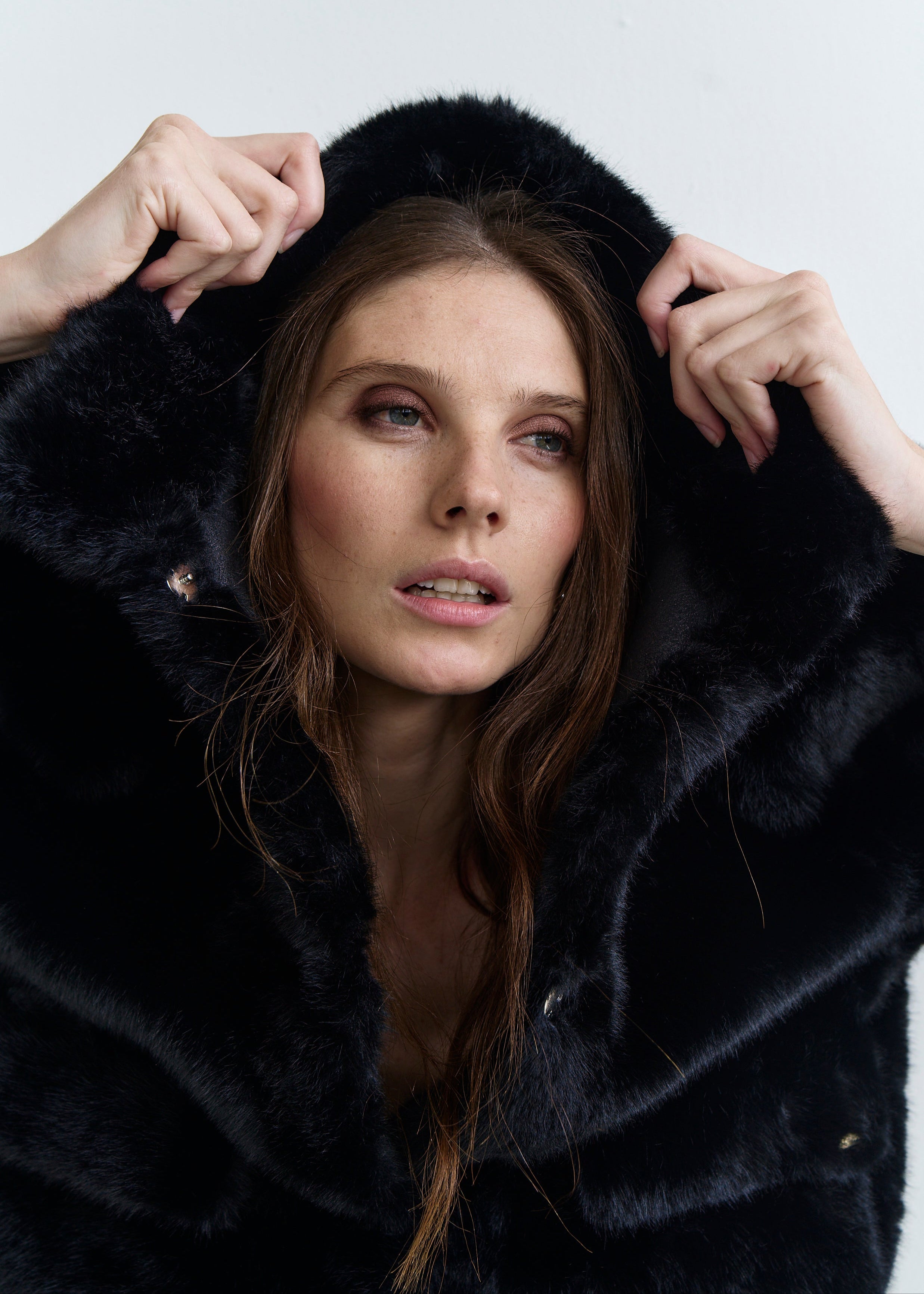 Birkin Faux Fur Cropped Jacket with Stud Buttons in Black
