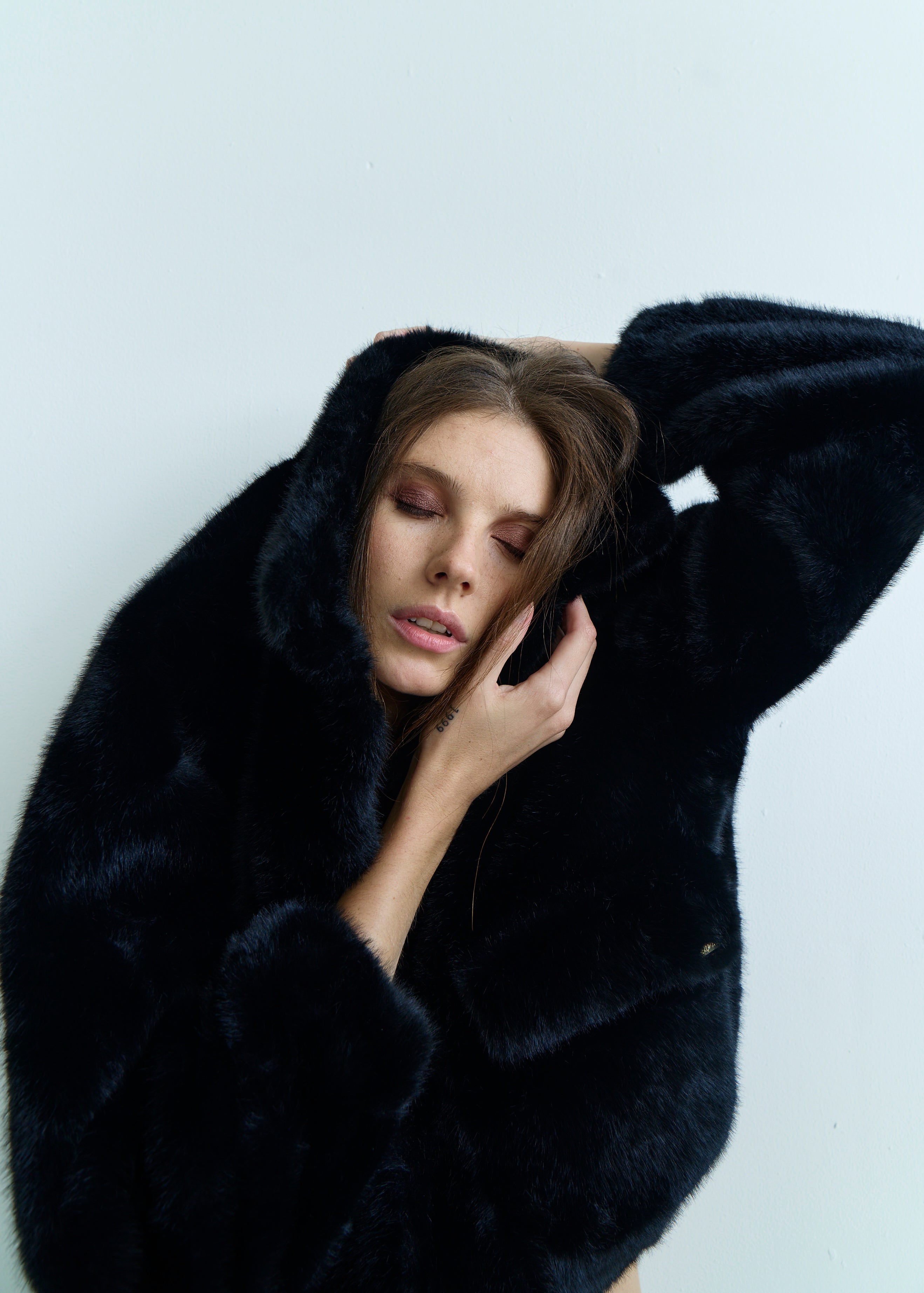 Birkin Faux Fur Cropped Jacket with Stud Buttons in Black