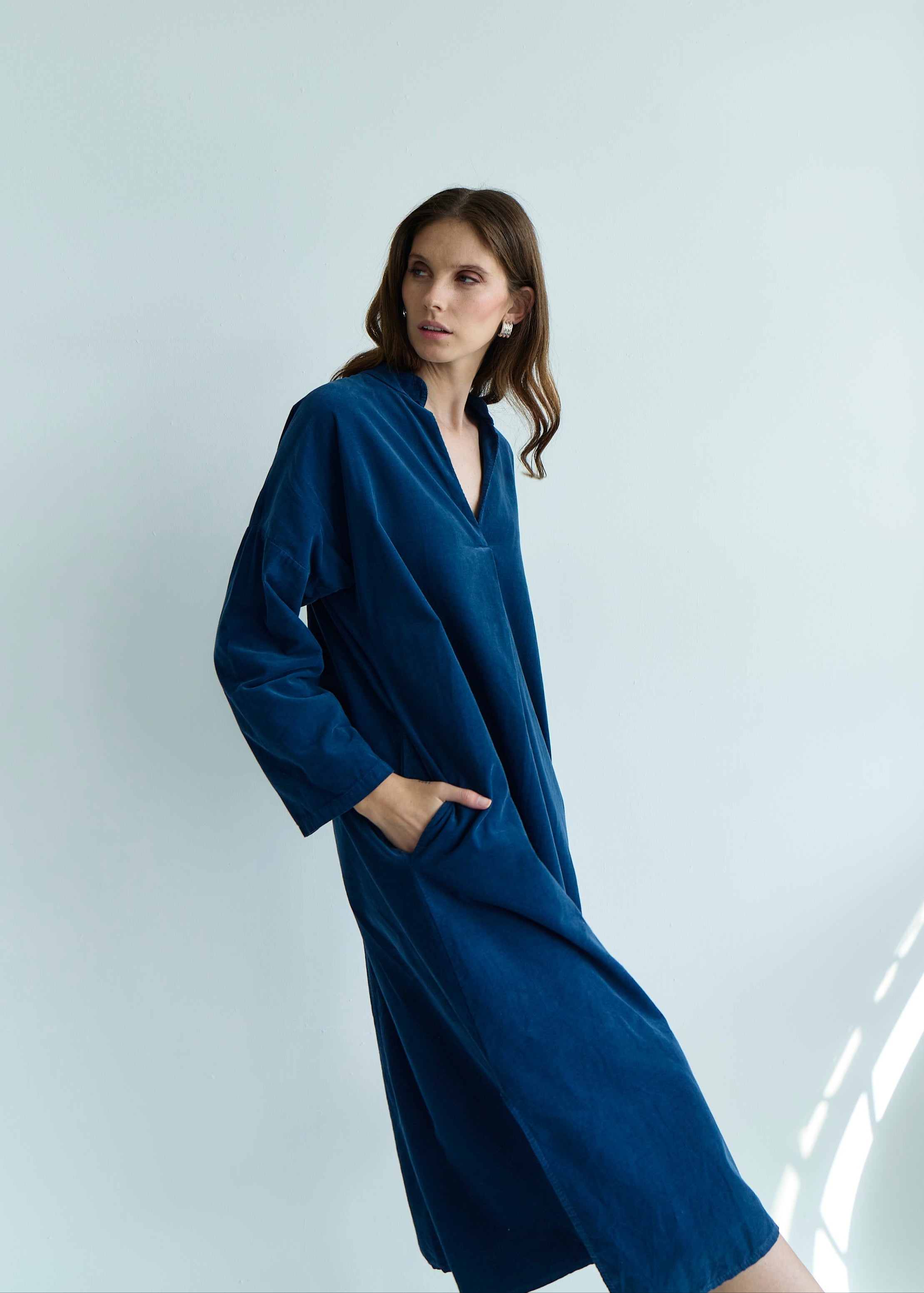 Stella Italian Velour Deep V Neck Dress in Dark Blue Marine