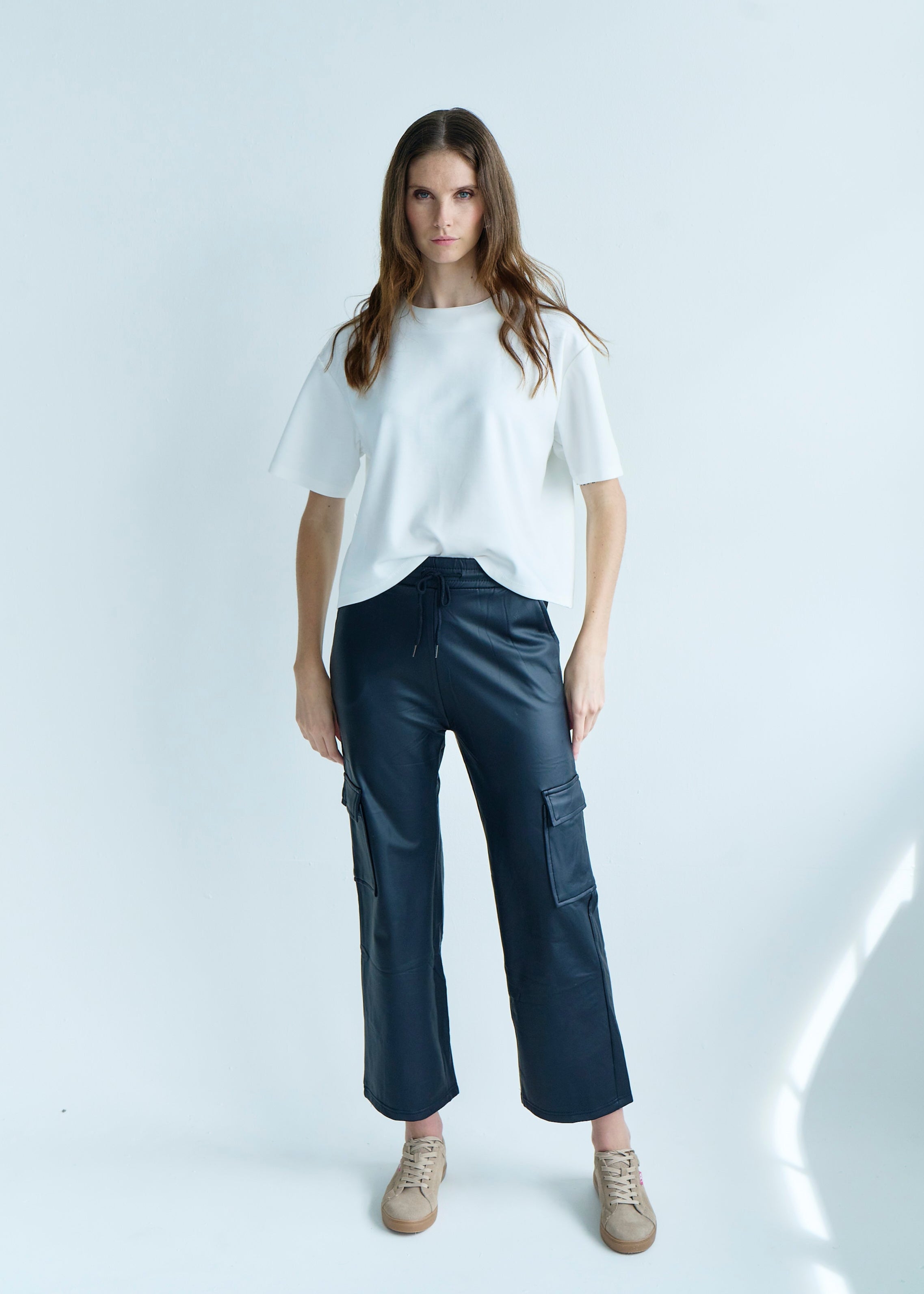 Vegan Leather Cargo Palazzo Pants in Black