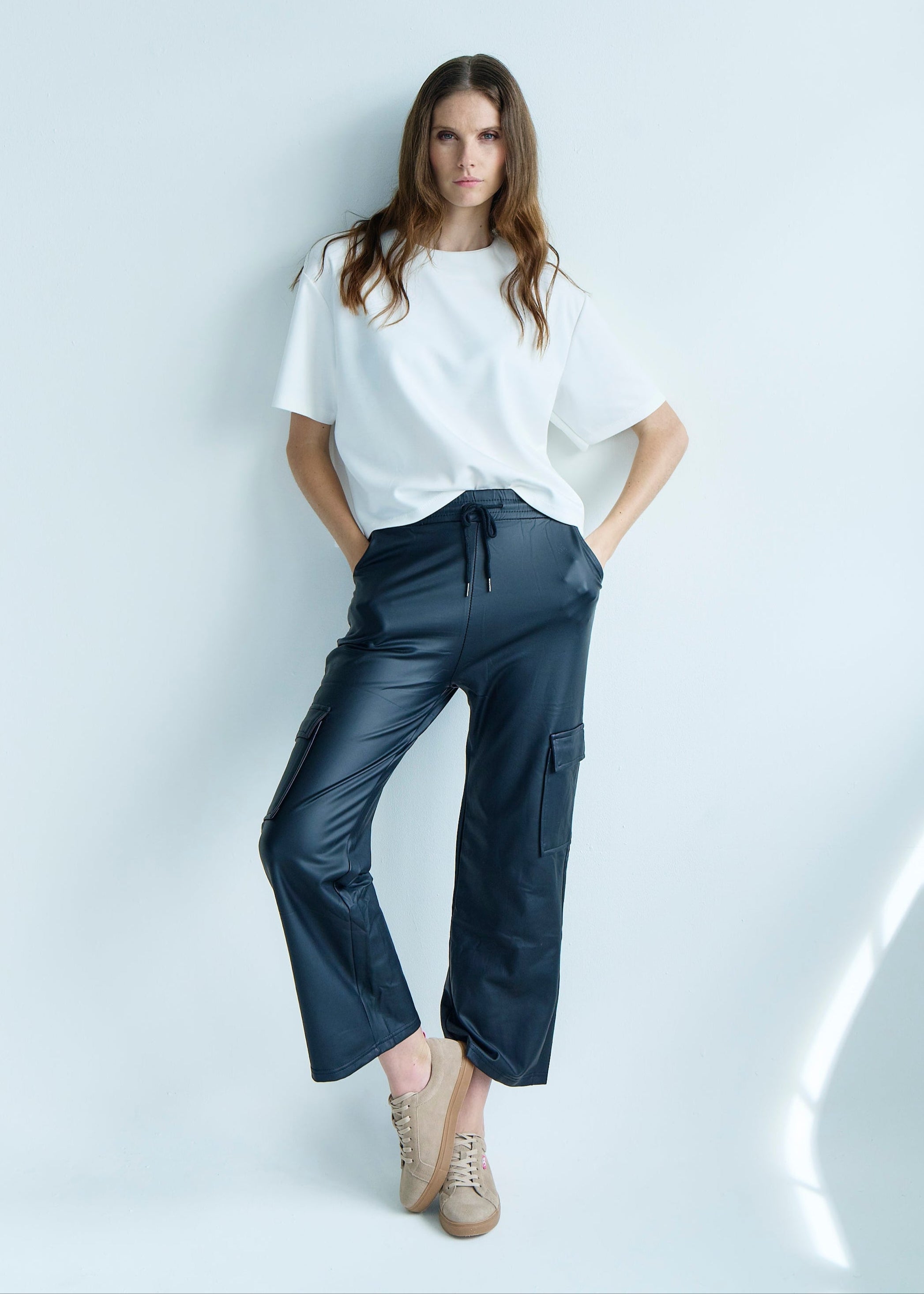 Vegan Leather Cargo Palazzo Pants in Black