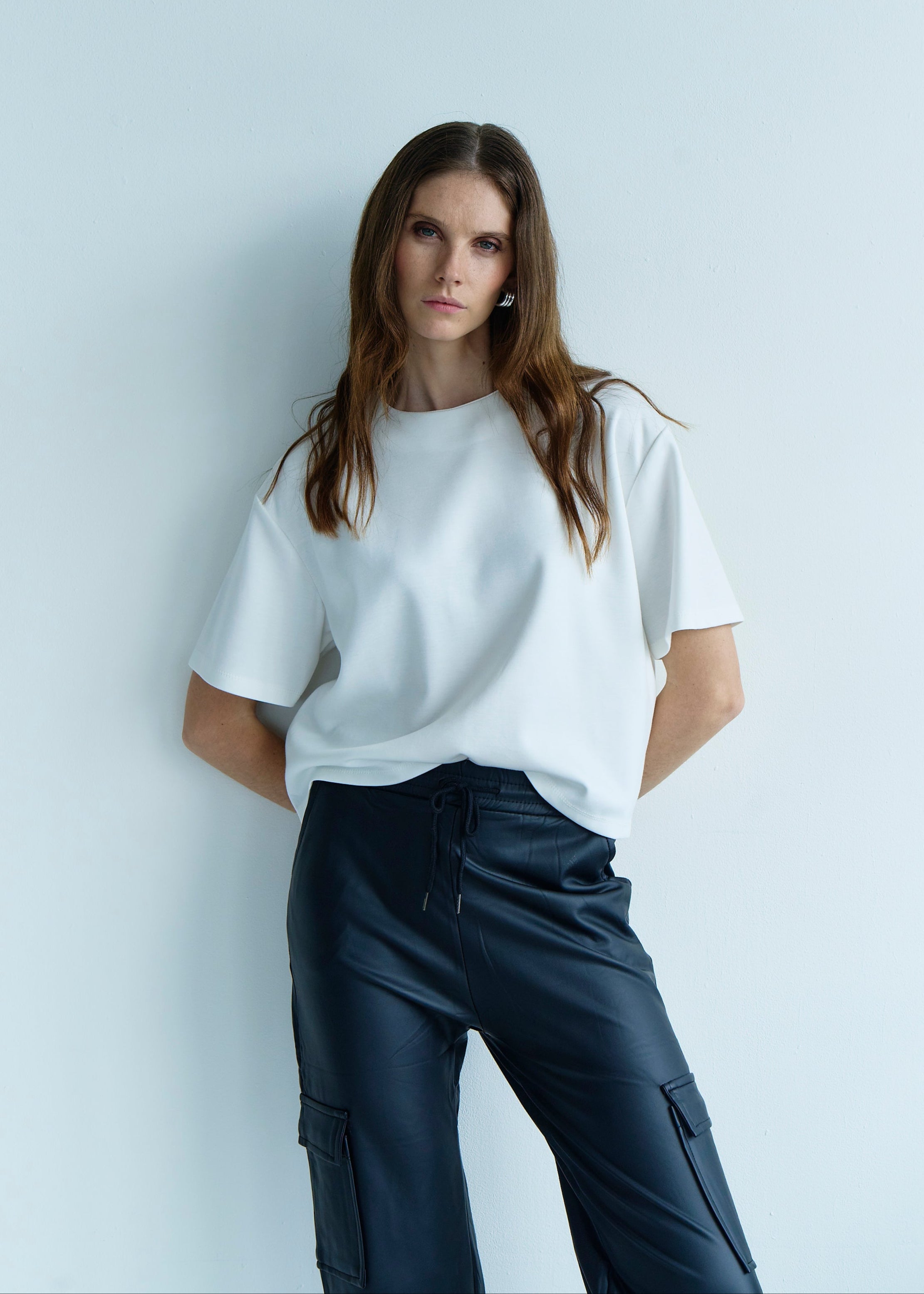 Vegan Leather Cargo Palazzo Pants in Black