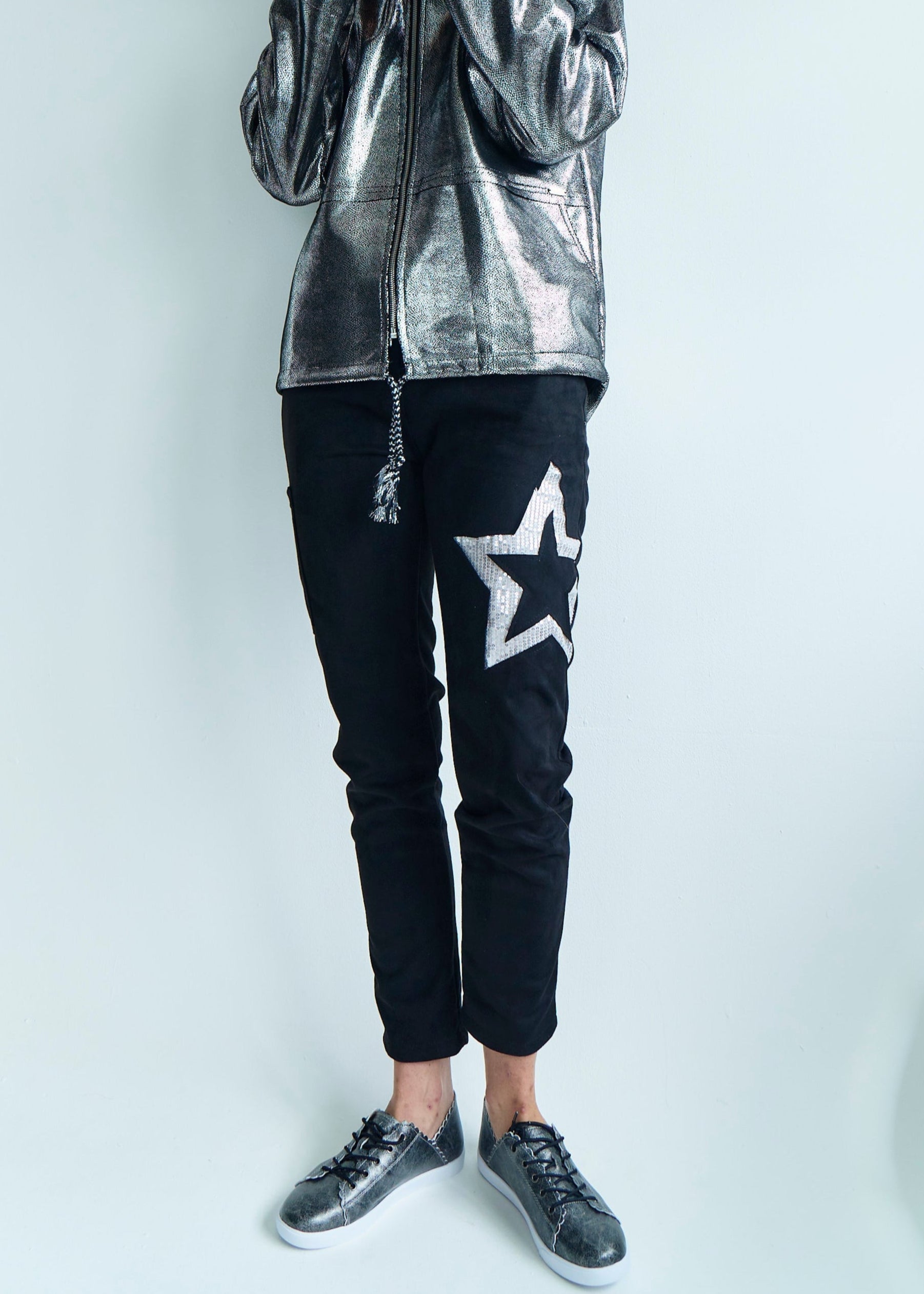 Madonna Italian Suede Feel Cargo Jogger with Shimmer Star in Black
